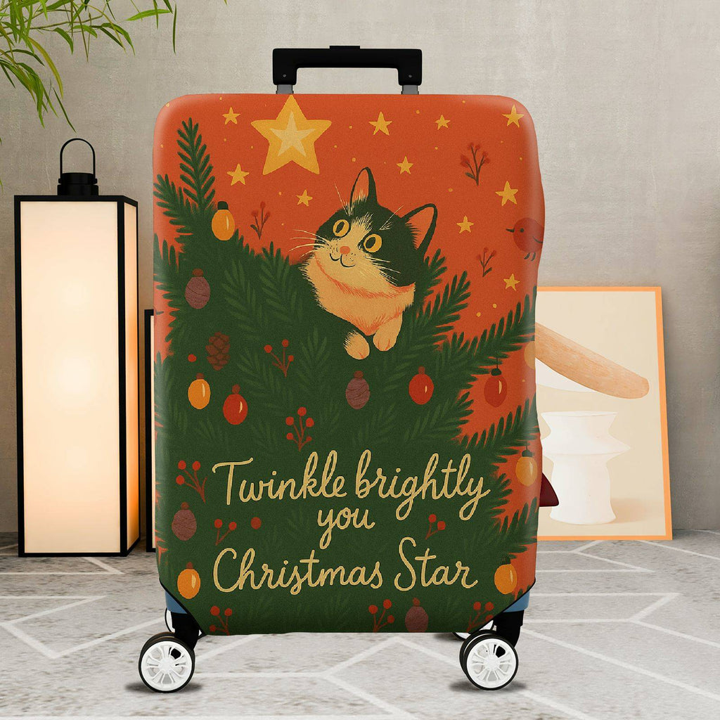 1-Piece Cat Pine Tree Star Ornament Holiday Cheer Festive  Suitcase Luggage Cover, Stretch Protective Sleeve