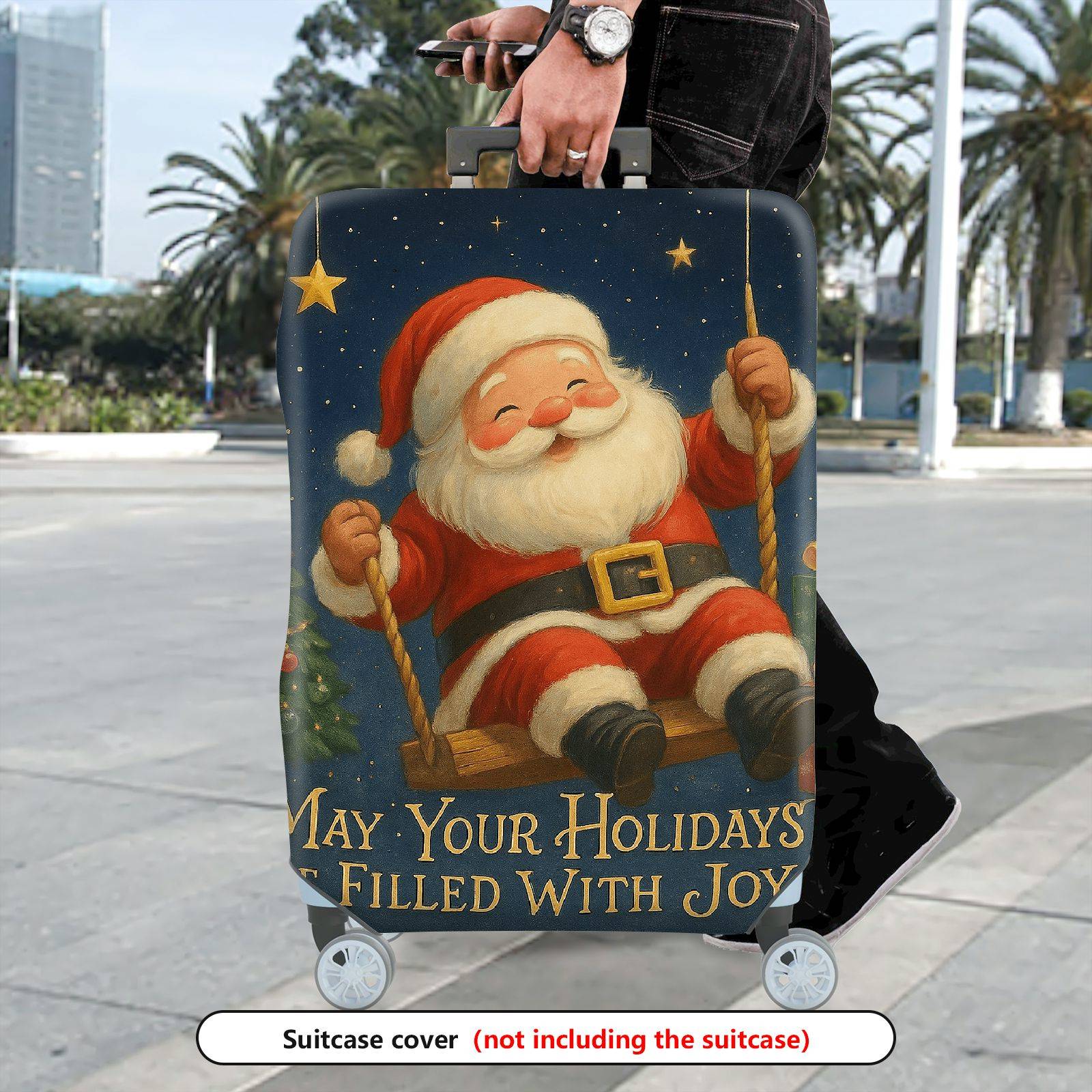 1-Piece Santa Claus Christmas Holiday Joyful Star  Suitcase Luggage Cover, Stretch Protective Sleeve