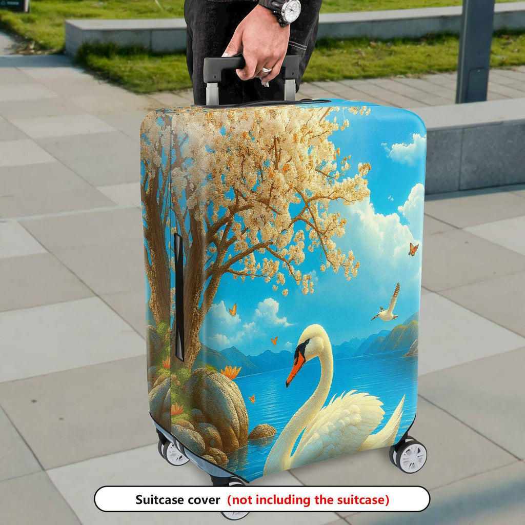 1-Piece Swan Scenic Floral Nature Blue Artistic  Suitcase Luggage Cover, Stretch Protective Sleeve