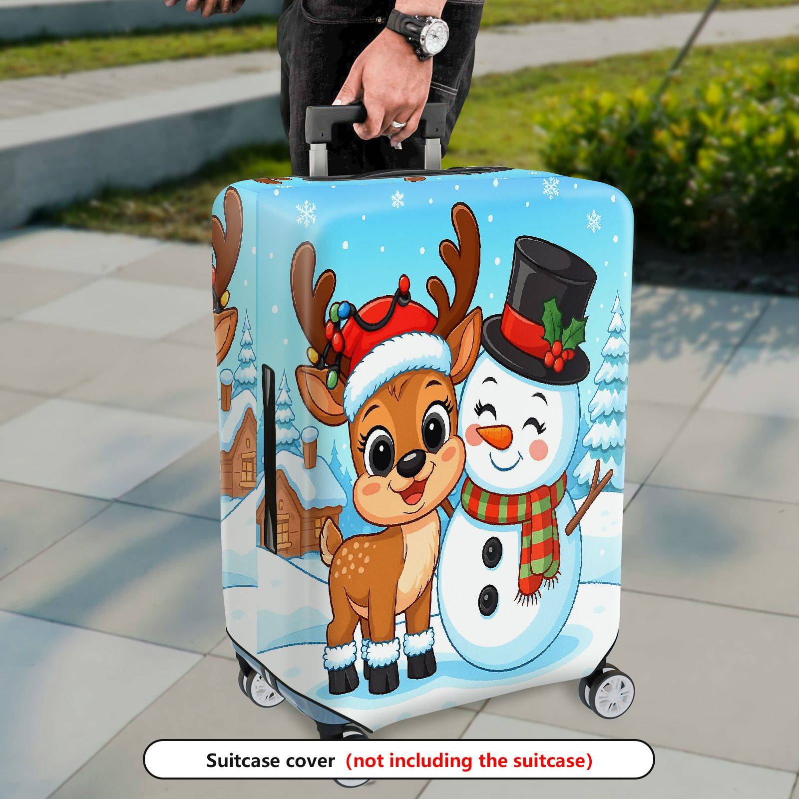 1-Piece Christmas Reindeer Snowman Cabin Winter Holiday  Suitcase Luggage Cover, Stretch Protective Sleeve