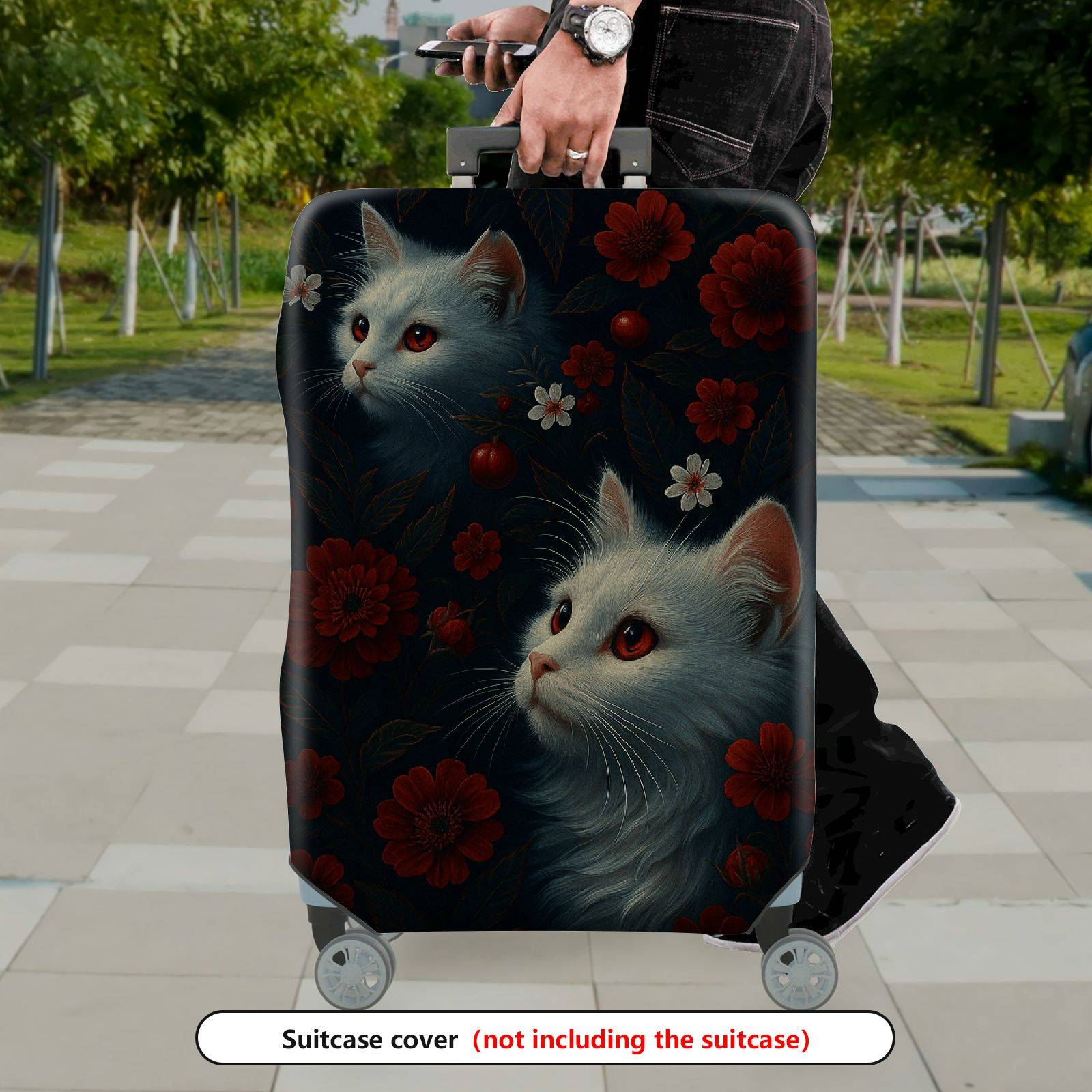 1-Piece Cat Floral Red Black White Nature Artistic Cute  Suitcase Luggage Cover, Stretch Protective Sleeve