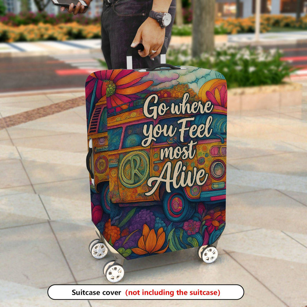 1-Piece Adventure Quote Floral Retro Van Colorful Artistic  Suitcase Luggage Cover, Stretch Protective Sleeve