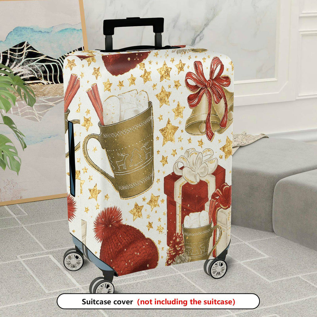 1-Piece Christmas Holiday Bell Gift Hot Chocolate Red Hat  Suitcase Luggage Cover, Stretch Protective Sleeve