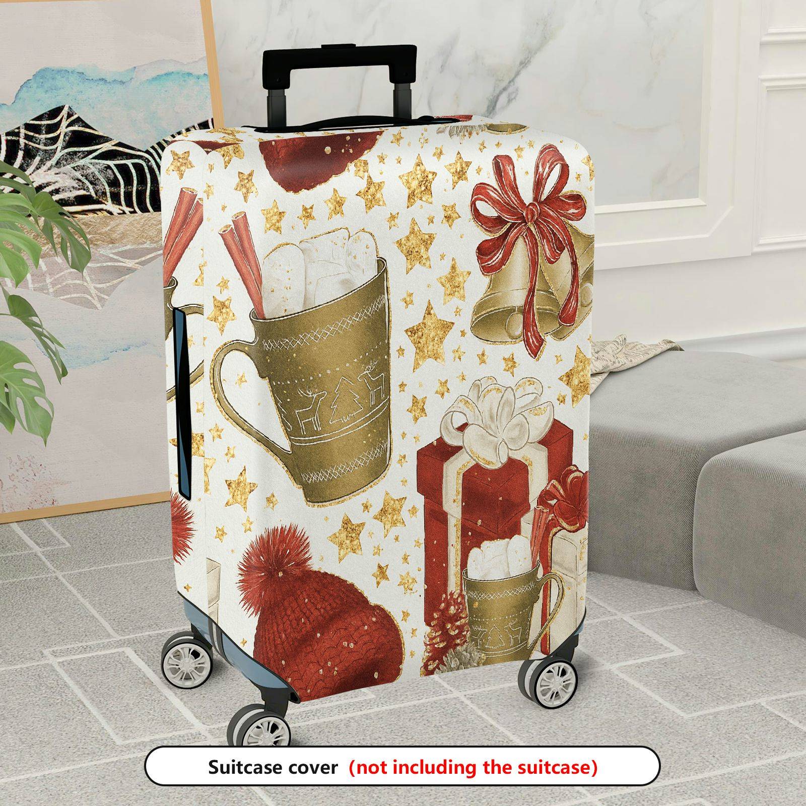 1-Piece Christmas Holiday Bell Gift Hot Chocolate Red Hat  Suitcase Luggage Cover, Stretch Protective Sleeve