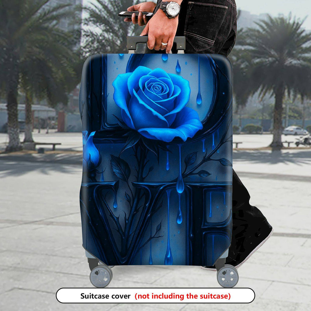 1-Piece Blue Rose Love Floral Art Pattern Letter  Suitcase Luggage Cover, Stretch Protective Sleeve