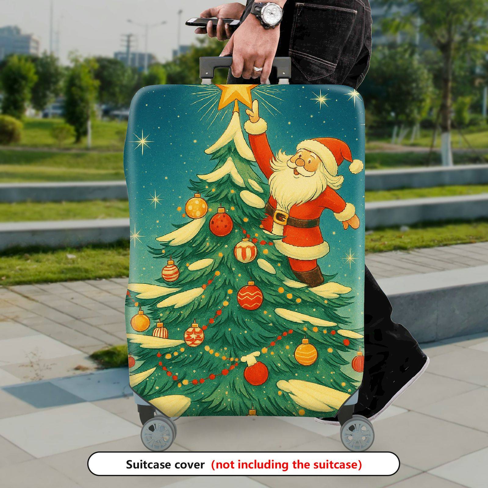 1-Piece Christmas Santa Claus Tree Decoration Star Holiday  Suitcase Luggage Cover, Stretch Protective Sleeve