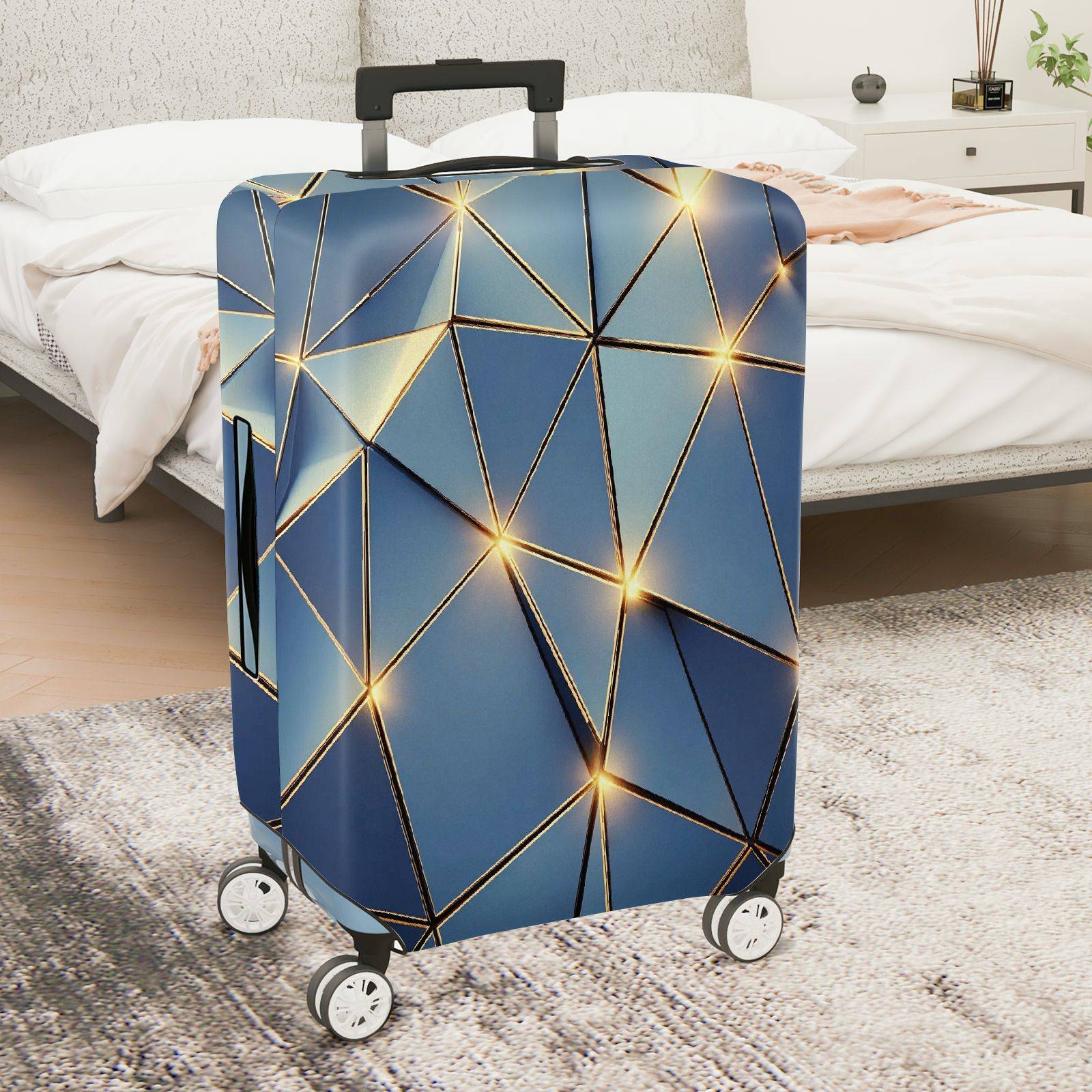 1-Piece Geometric Blue Gold Abstract Modern Stylish Artistic  Suitcase Luggage Cover, Stretch Protective Sleeve