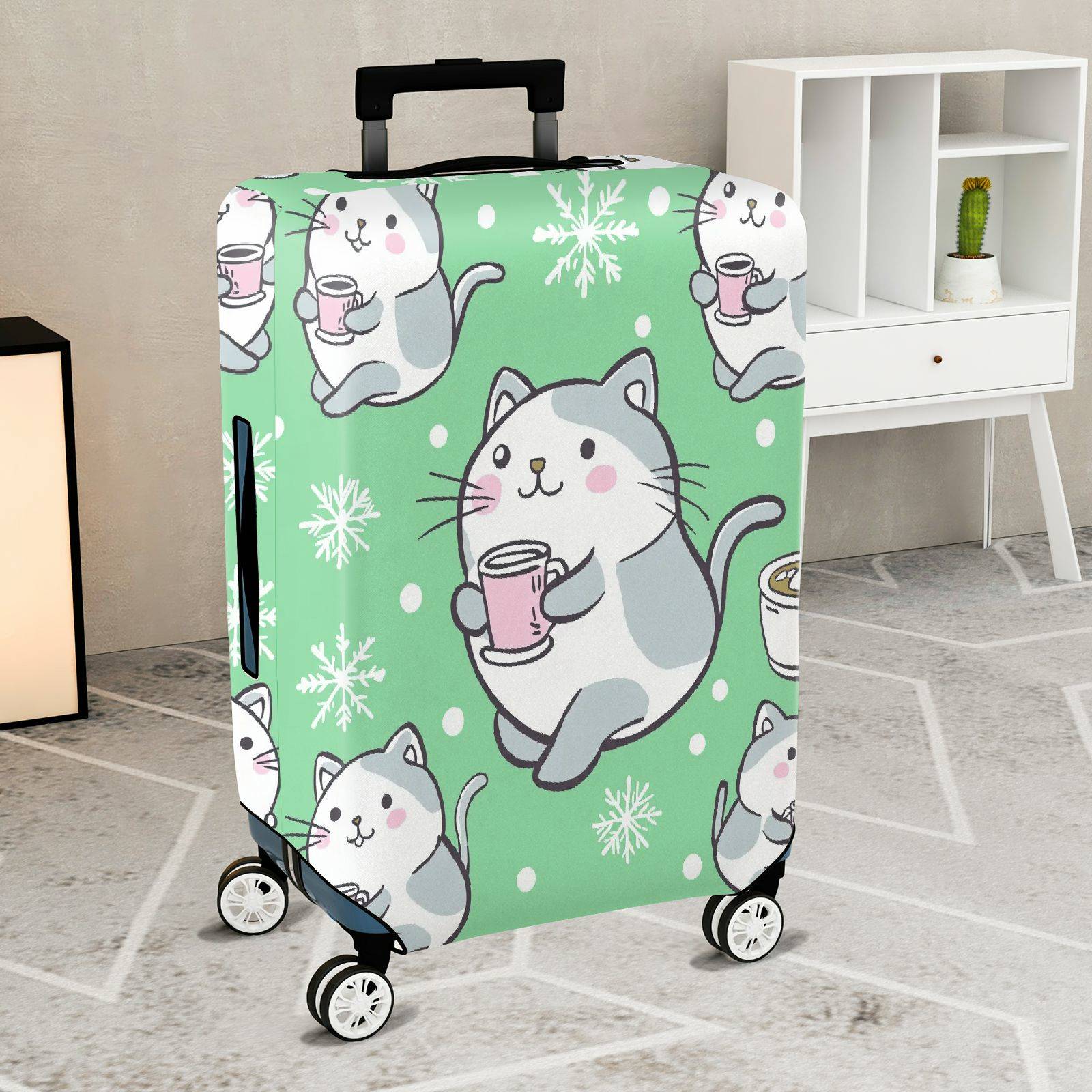 1-Piece Cute Cat Snowflake Coffee Winter Holiday  Suitcase Luggage Cover, Stretch Protective Sleeve