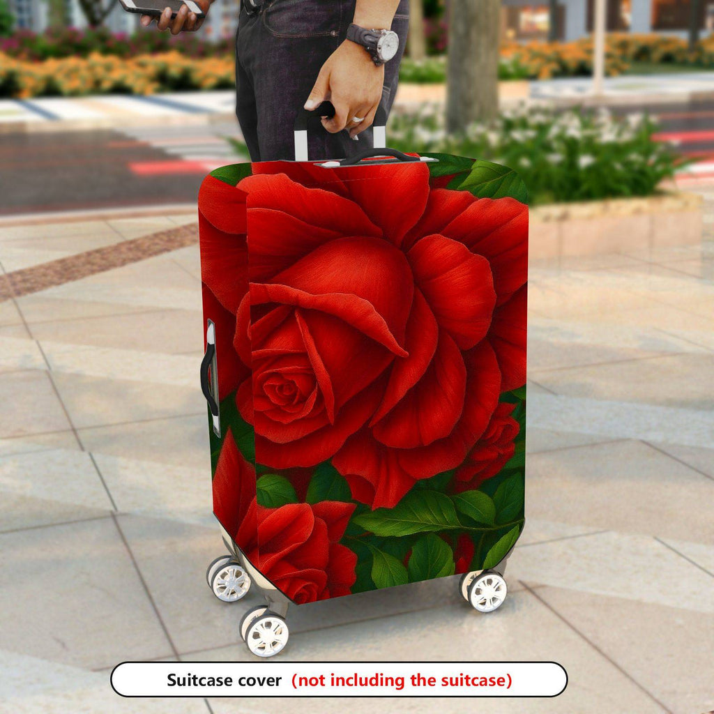 1-Piece Red Green Floral Leaves Rose  Suitcase Luggage Cover, Stretch Protective Sleeve