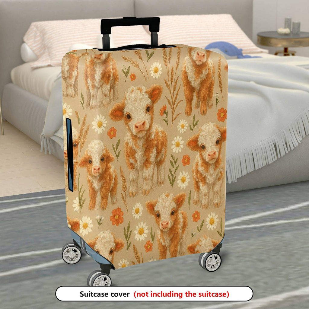 1-Piece Cute Cow Floral Pastoral Farm Animal Beige  Suitcase Luggage Cover, Stretch Protective Sleeve