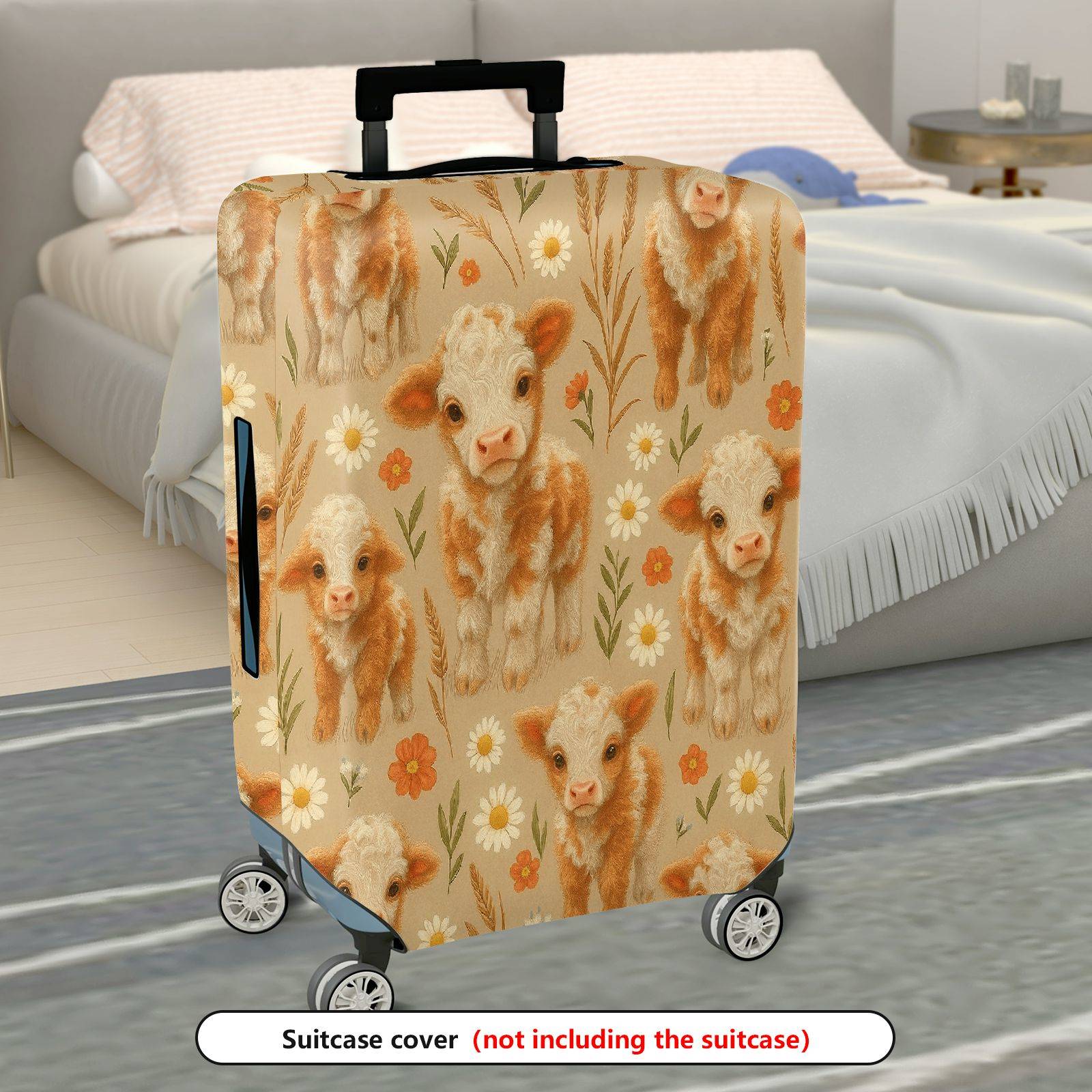 1-Piece Cute Cow Floral Pastoral Farm Animal Beige  Suitcase Luggage Cover, Stretch Protective Sleeve