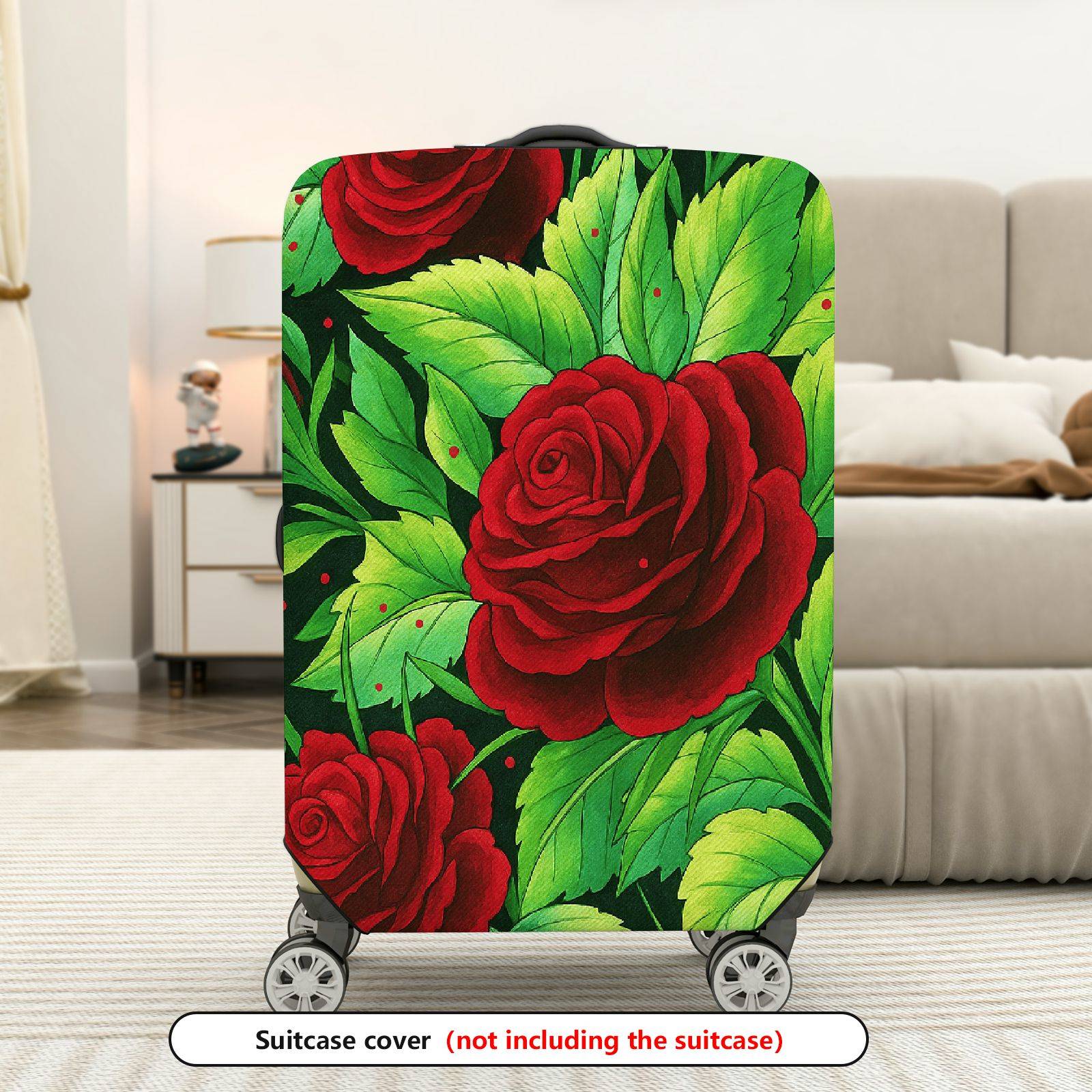 1-Piece Red Rose Green Leaf Floral  Suitcase Luggage Cover, Stretch Protective Sleeve