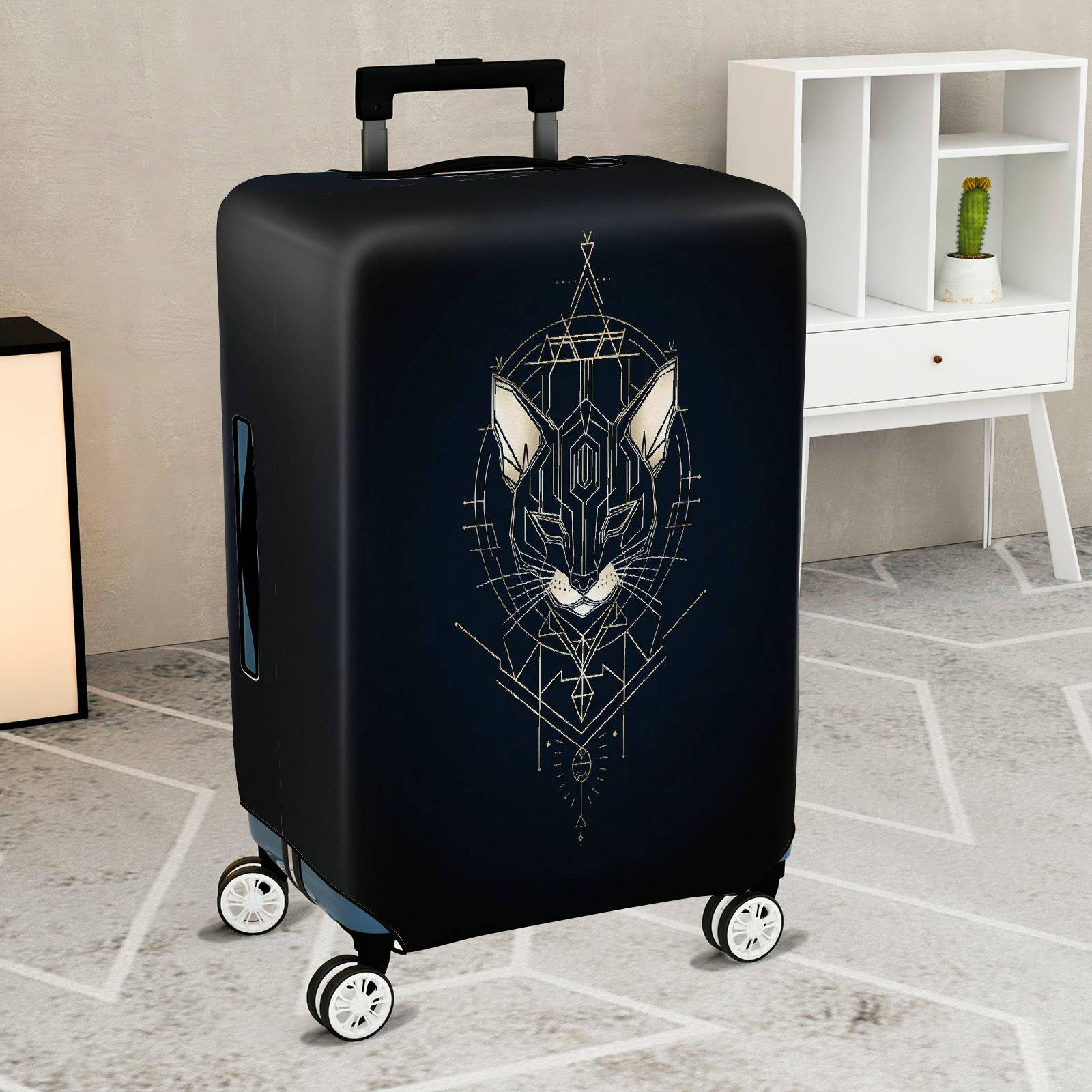 1-Piece Geometric Cat Art Design Black Modern Sleek Stylish  Suitcase Luggage Cover, Stretch Protective Sleeve