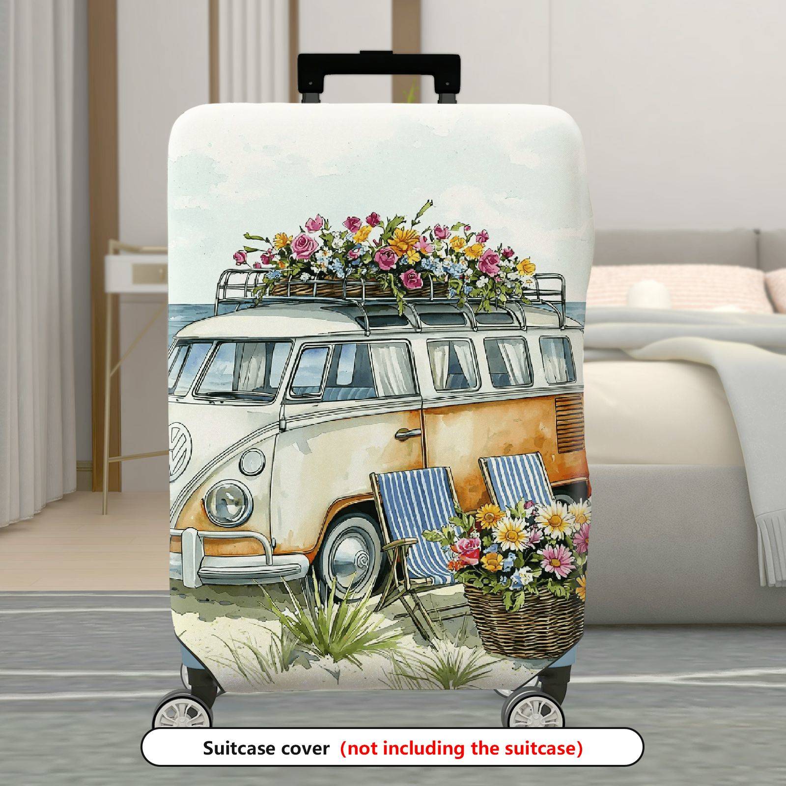 1-Piece Floral Beach Van Retro Nature Colorful  Suitcase Luggage Cover, Stretch Protective Sleeve