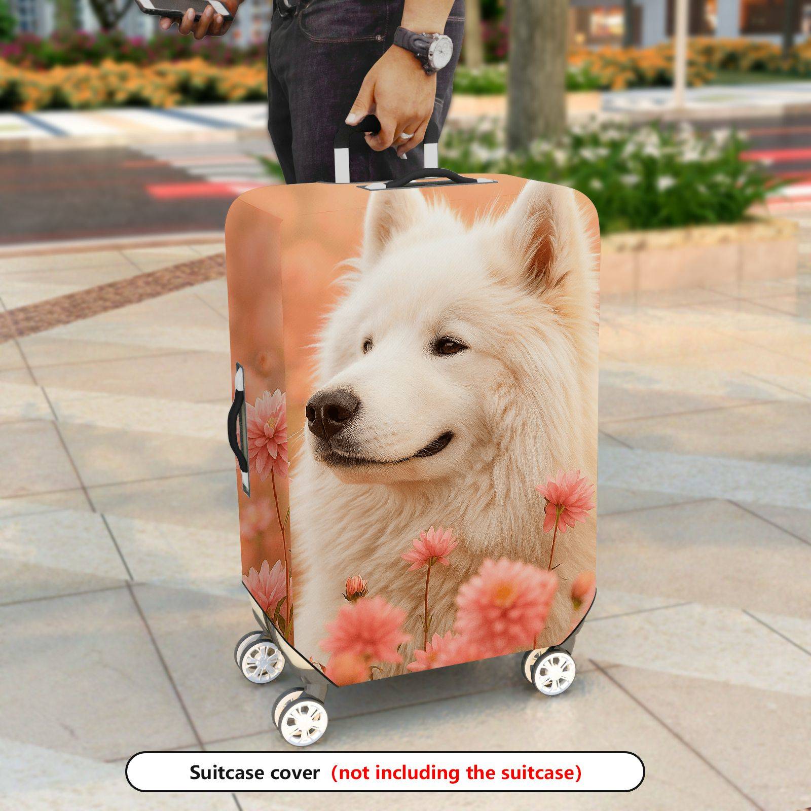 1-Piece Floral Dog Nature Pink Cute Animal  Suitcase Luggage Cover, Stretch Protective Sleeve