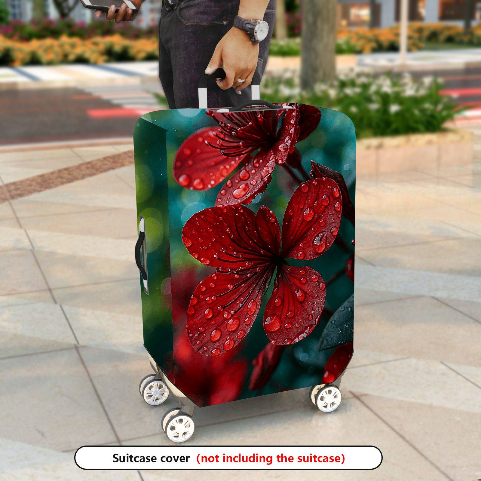 1-Piece Red Flower Nature Raindrop Floral Art Botanical  Suitcase Luggage Cover, Stretch Protective Sleeve