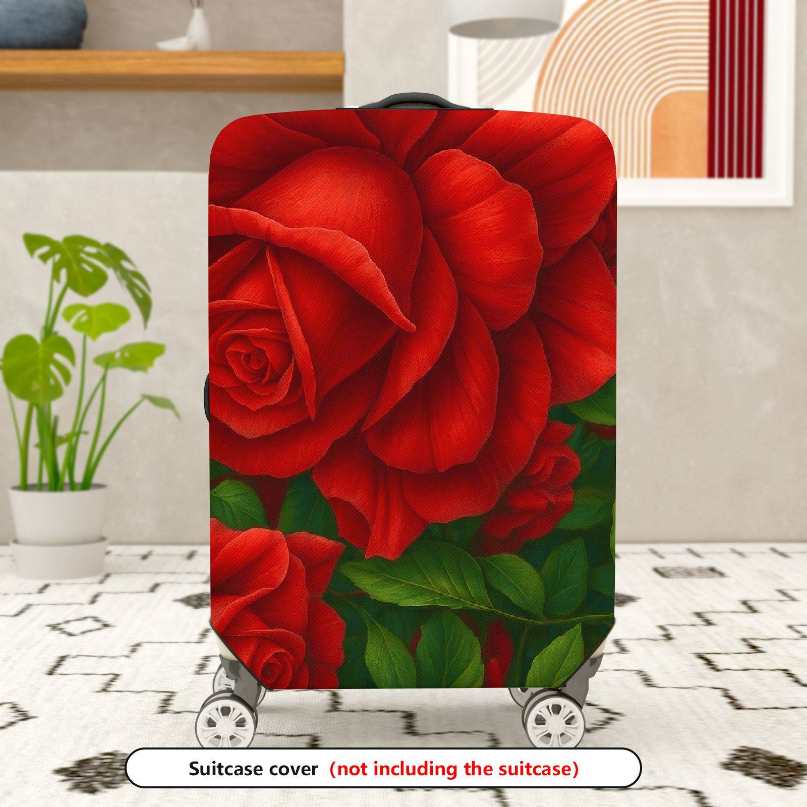 1-Piece Red Green Floral Leaves Rose  Suitcase Luggage Cover, Stretch Protective Sleeve