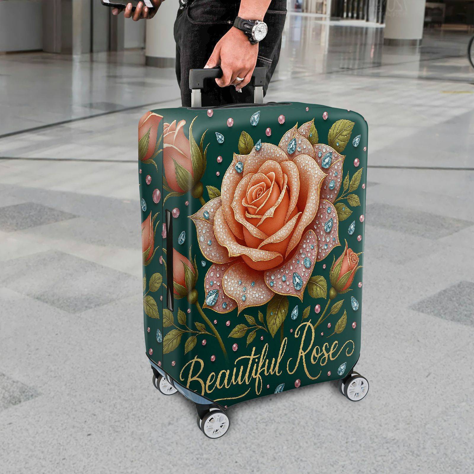 1-Piece Floral Rose Crystal Diamond Elegant Artistic  Suitcase Luggage Cover, Stretch Protective Sleeve