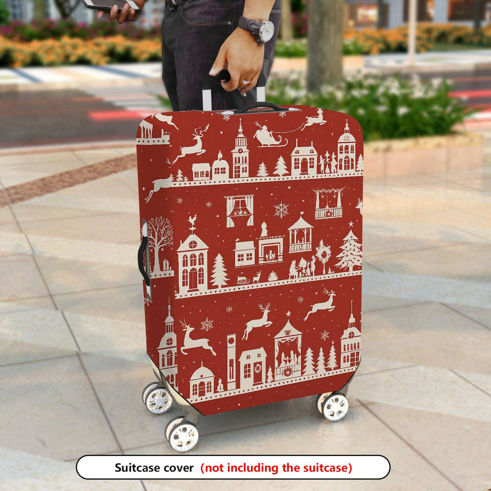 1-Piece Christmas Holiday Winter Reindeer Village Snowflakes  Suitcase Luggage Cover, Stretch Protective Sleeve