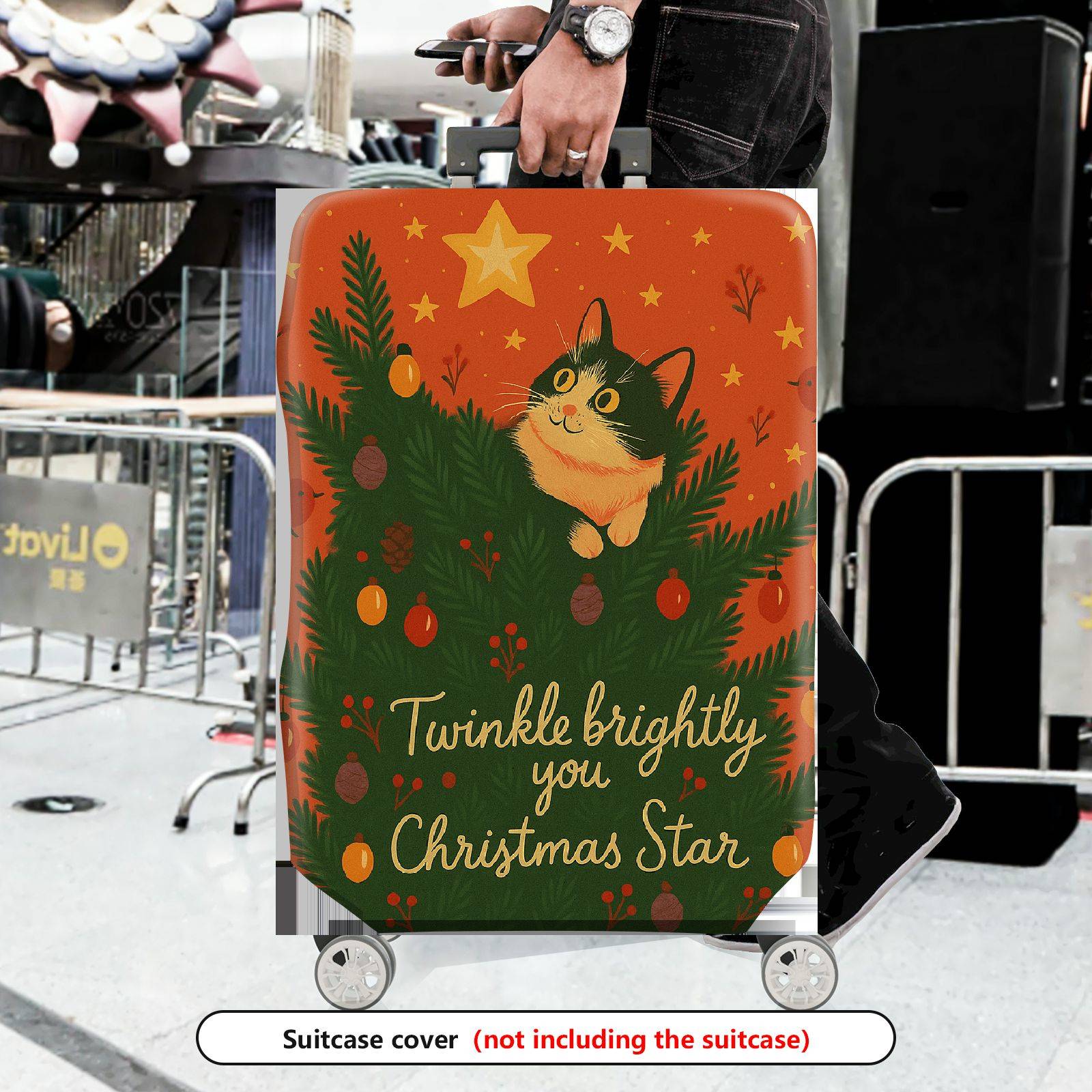 1-Piece Cat Pine Tree Star Ornament Holiday Cheer Festive  Suitcase Luggage Cover, Stretch Protective Sleeve