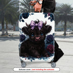 1-Piece Cute Black Highland Cow Floral Bow Travel  Suitcase Luggage Cover, Stretch Protective Sleeve