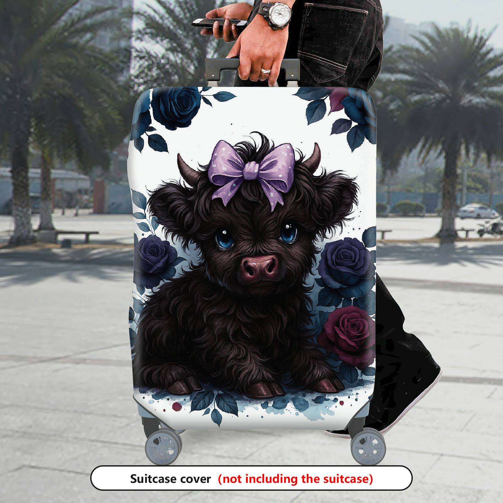 1-Piece Cute Black Highland Cow Floral Bow Travel  Suitcase Luggage Cover, Stretch Protective Sleeve
