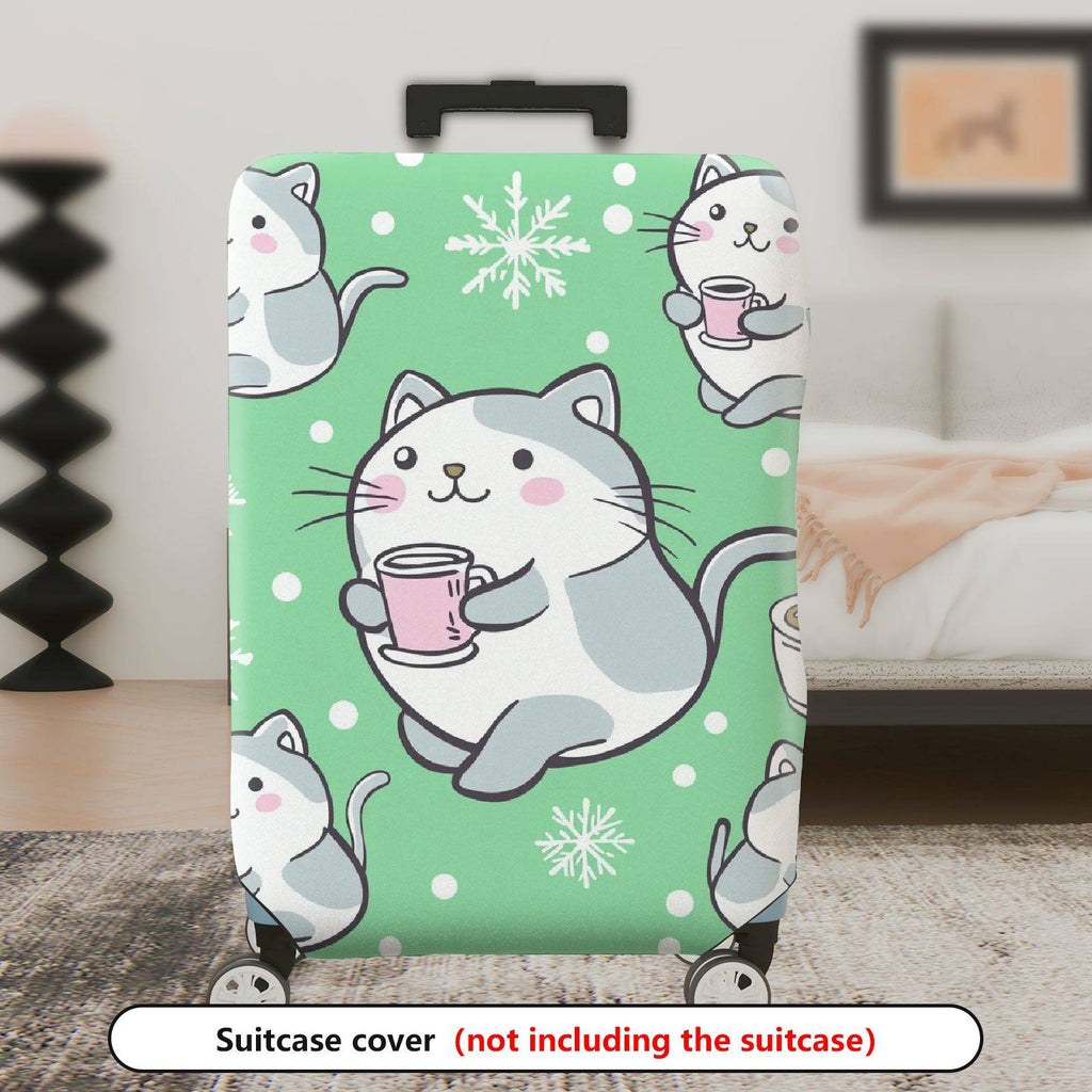 1-Piece Cute Cat Snowflake Coffee Winter Holiday  Suitcase Luggage Cover, Stretch Protective Sleeve