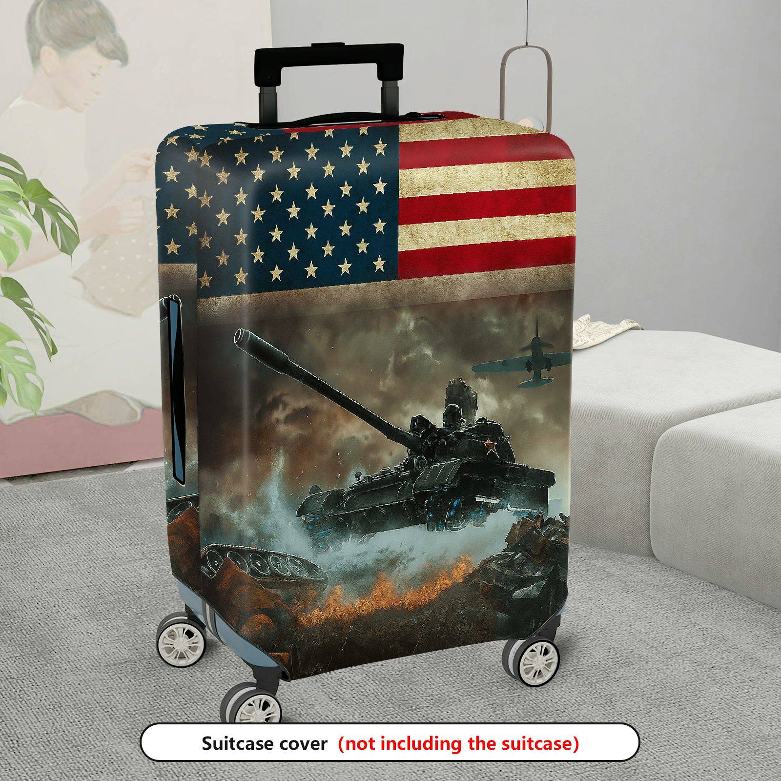 1-Piece American Flag Tank War Airplane Battlefield Fire  Suitcase Luggage Cover, Stretch Protective Sleeve