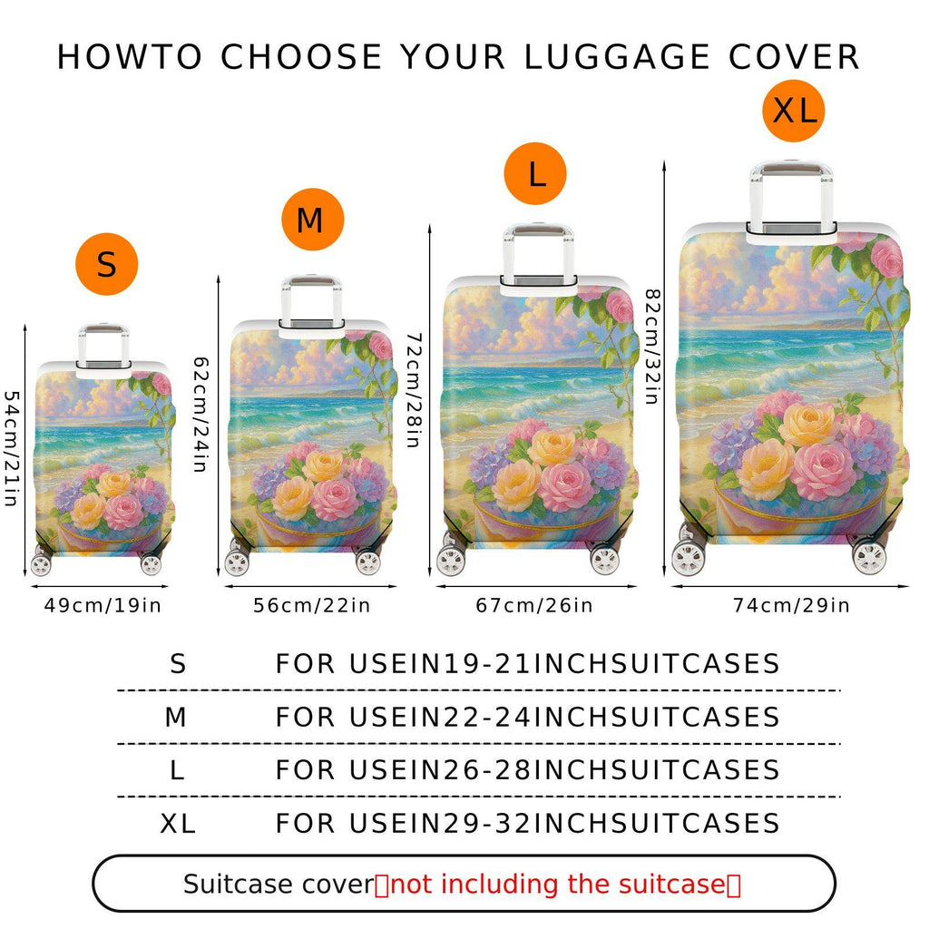 1-Piece Beach Floral Sunset Scenic Sea Rose Hydrangea  Suitcase Luggage Cover, Stretch Protective Sleeve