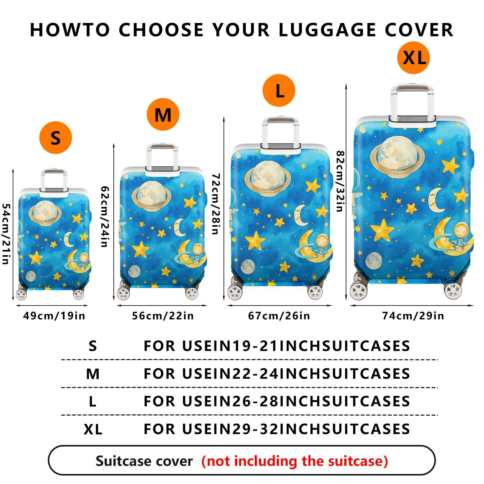 1-Piece Space Astronaut Moon Stars Galaxy Cosmic  Suitcase Luggage Cover, Stretch Protective Sleeve