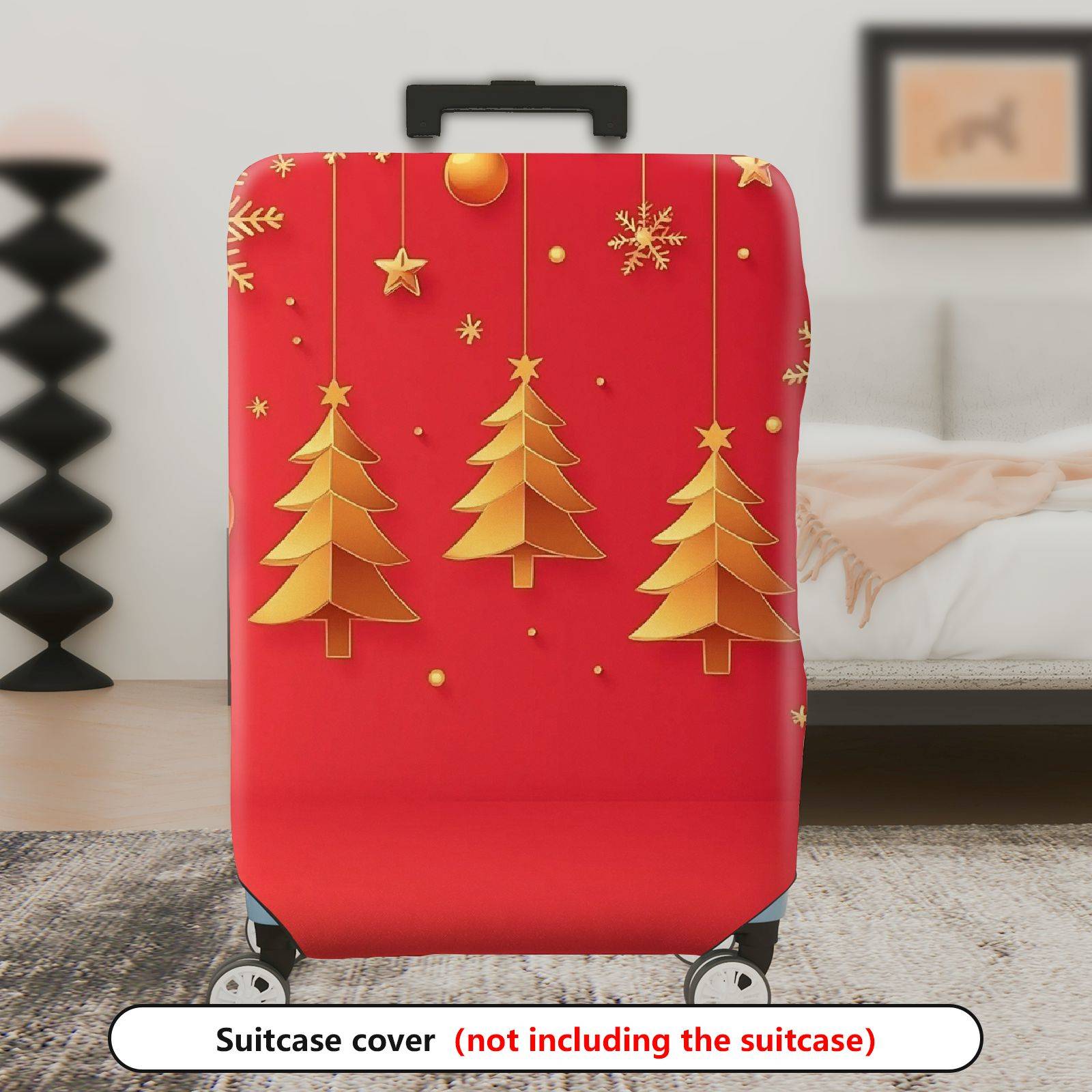 1-Piece Red Gold Christmas Tree Snowflake Ornament Holiday  Suitcase Luggage Cover, Stretch Protective Sleeve