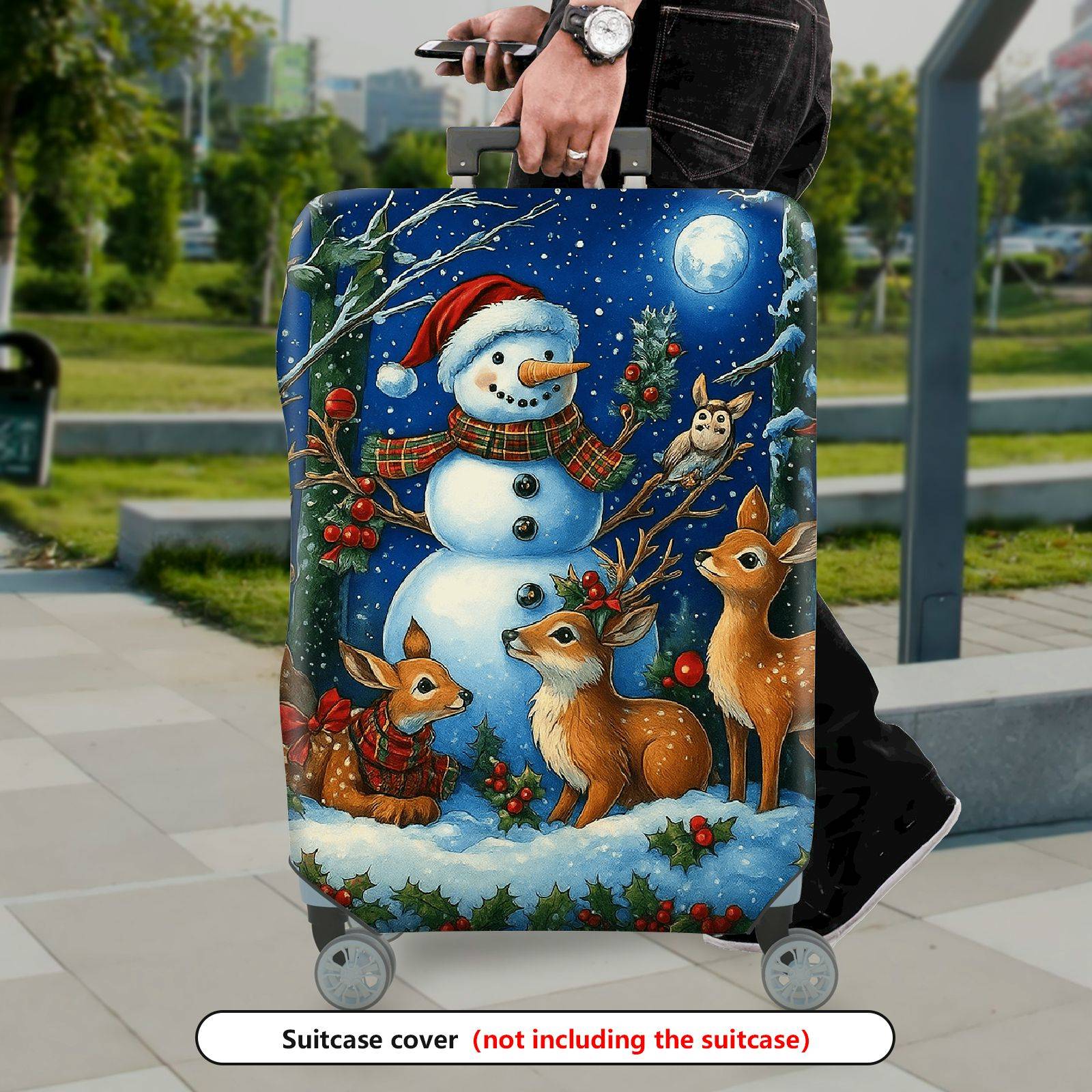 1-Piece Snowman Reindeer Winter Holiday Night Christmas  Suitcase Luggage Cover, Stretch Protective Sleeve