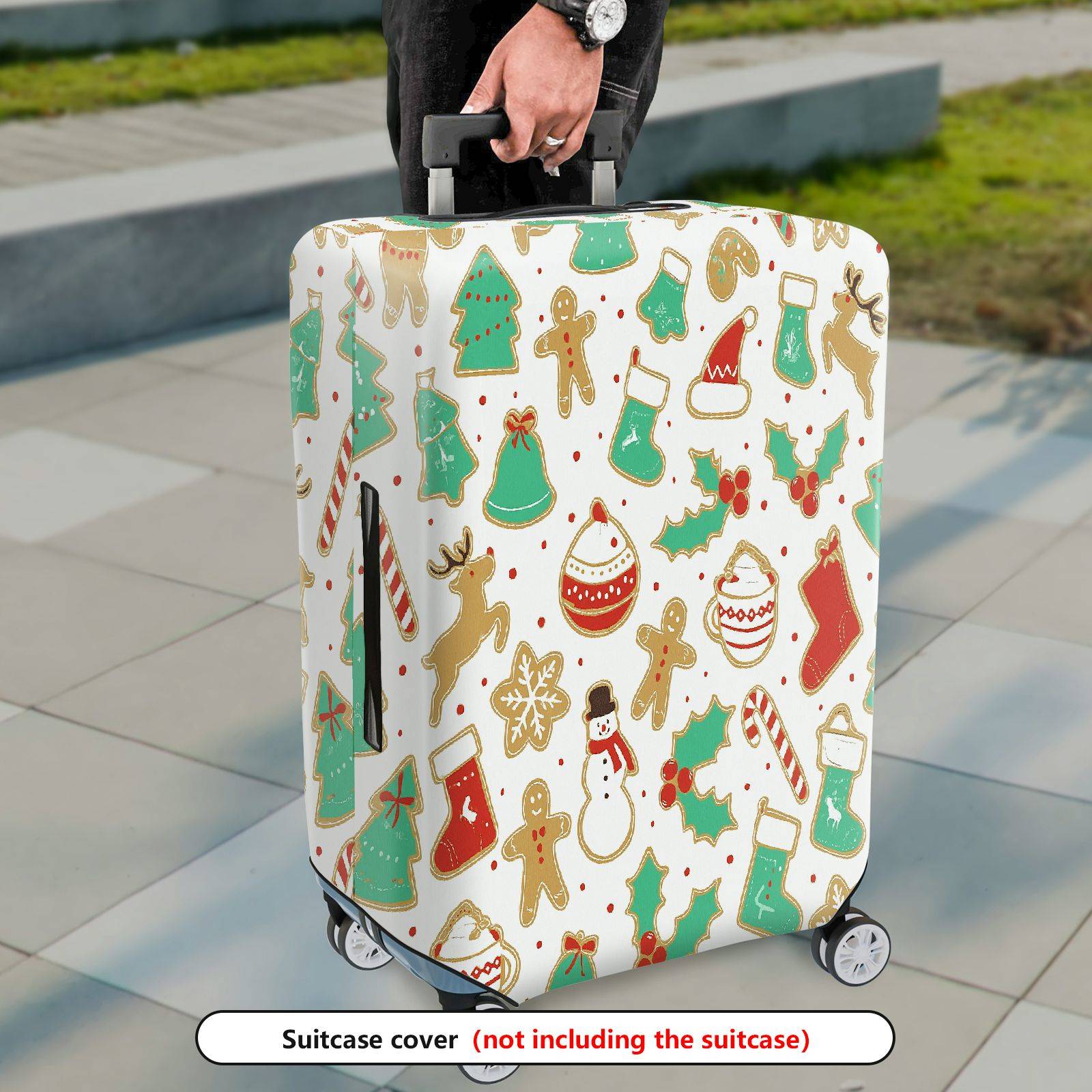1-Piece Christmas Gingerbread Reindeer Snowman Festive Holiday  Suitcase Luggage Cover, Stretch Protective Sleeve