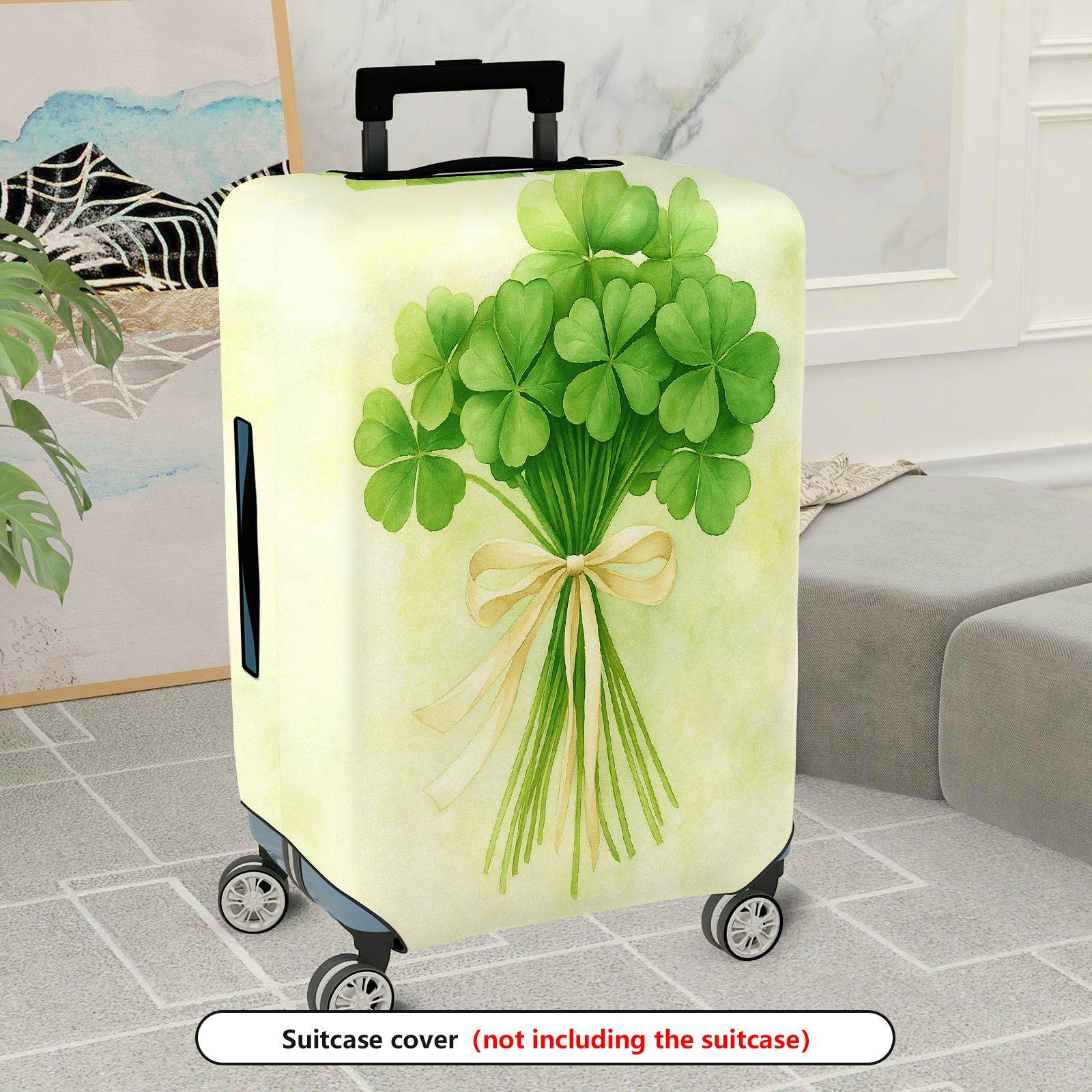 1-Piece Clover Green Floral Ribbon Luck Retro Holiday  Suitcase Luggage Cover, Stretch Protective Sleeve