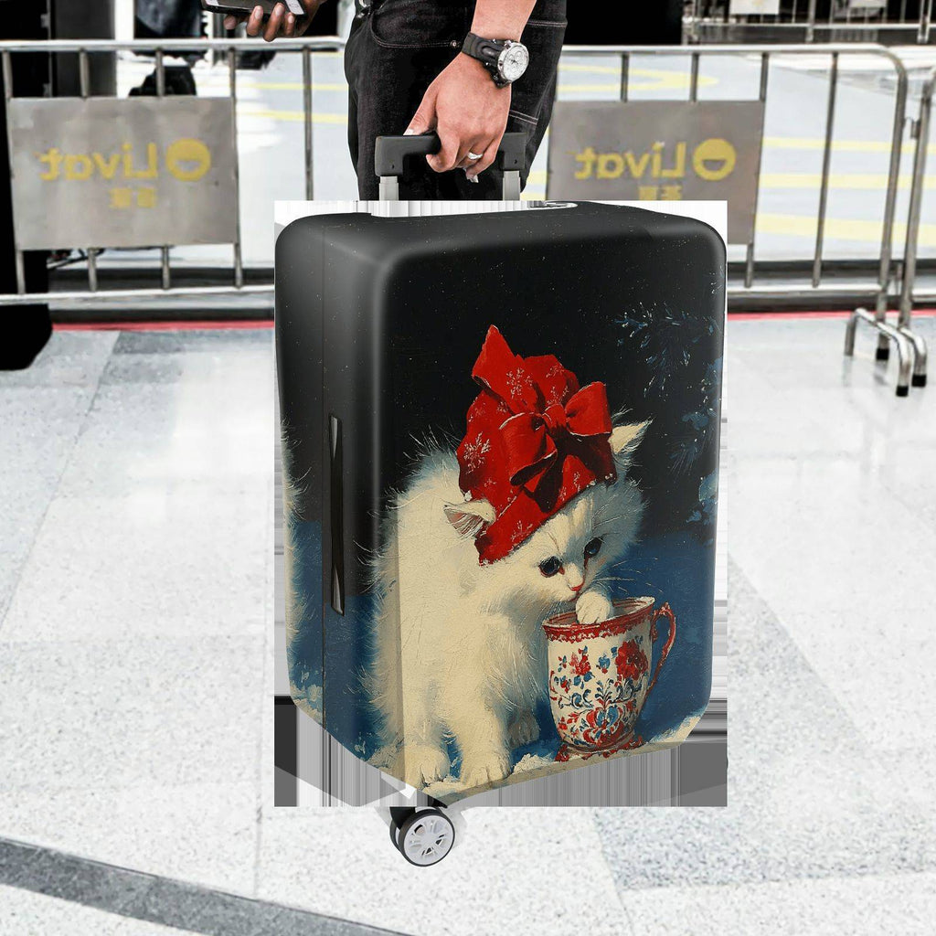 1-Piece Cute Christmas Winter Cat Red Hat Christmas Mug  Suitcase Luggage Cover, Stretch Protective Sleeve