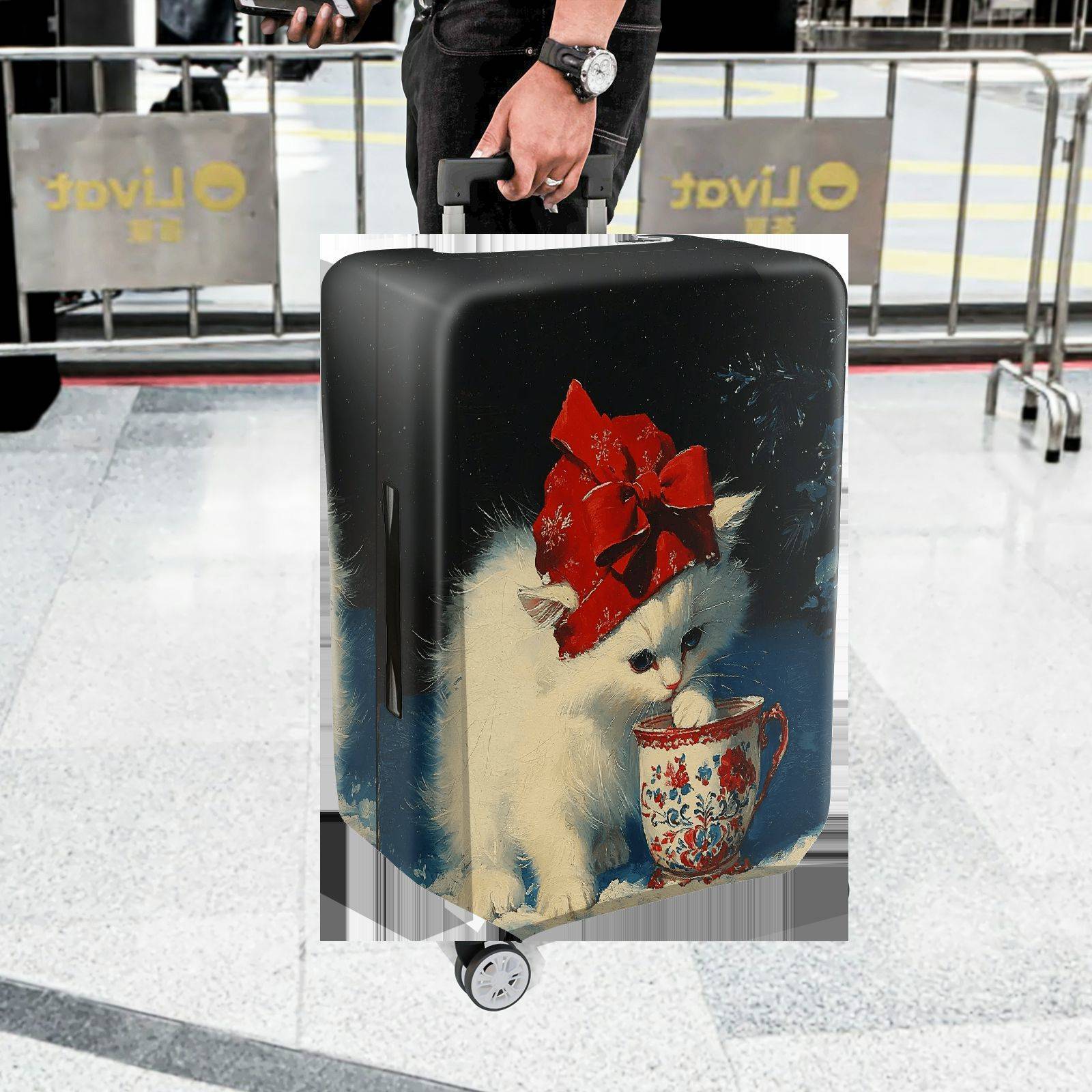 1-Piece Cute Christmas Winter Cat Red Hat Christmas Mug  Suitcase Luggage Cover, Stretch Protective Sleeve