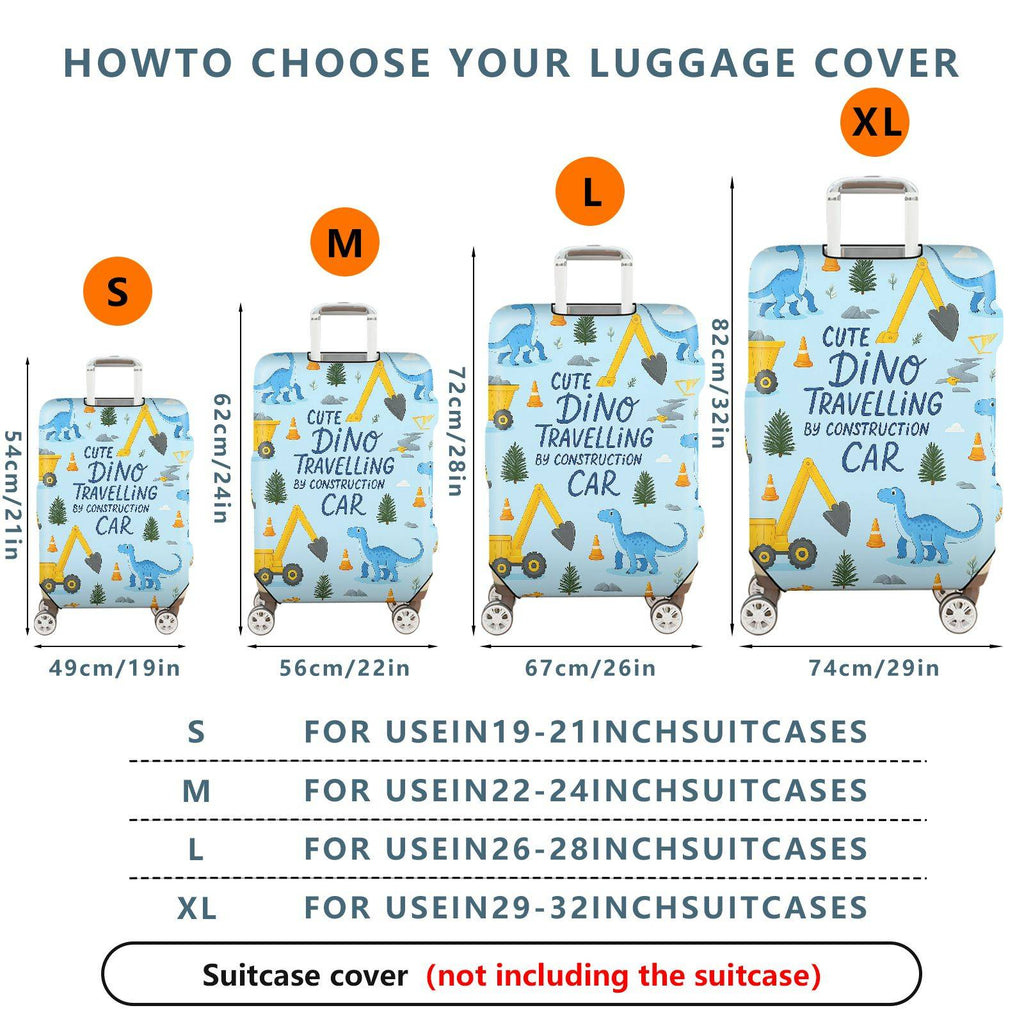 1-Piece Cute Dino Construction Car Travel Holiday Fun  Suitcase Luggage Cover, Stretch Protective Sleeve