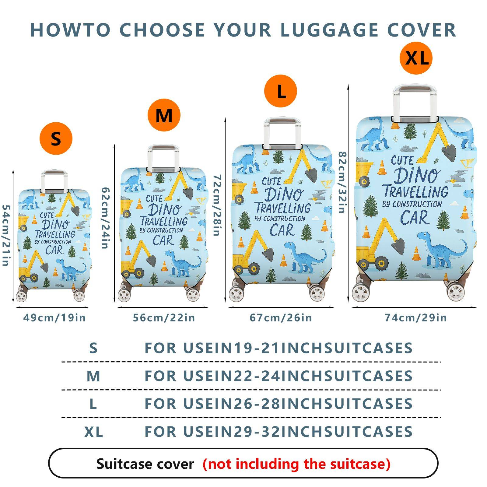 1-Piece Cute Dino Construction Car Travel Holiday Fun  Suitcase Luggage Cover, Stretch Protective Sleeve