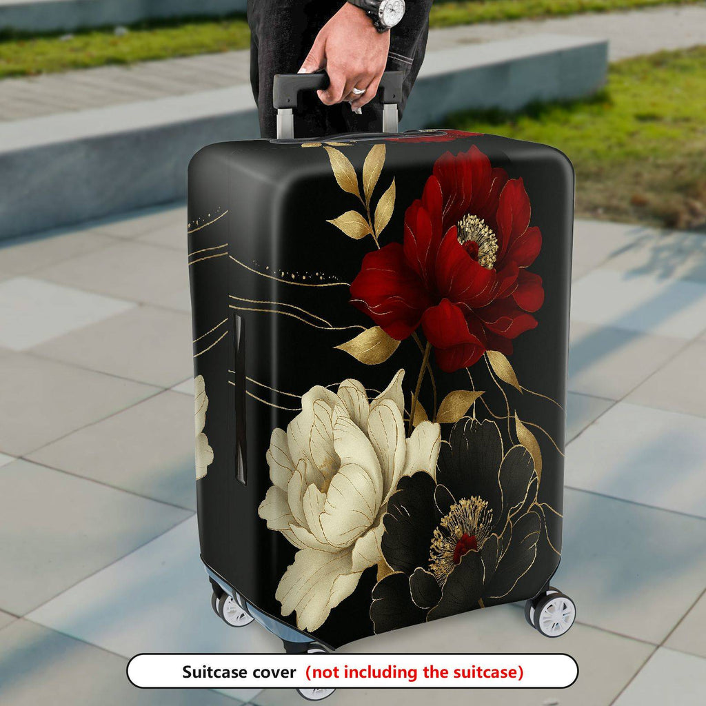 1-Piece Red White Black Floral Gold Leaf  Suitcase Luggage Cover, Stretch Protective Sleeve