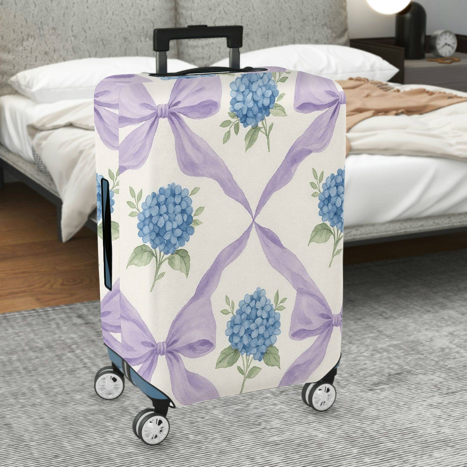 1-Piece Hydrangea Pattern Purple Ribbon Floral Artistic  Suitcase Luggage Cover, Stretch Protective Sleeve