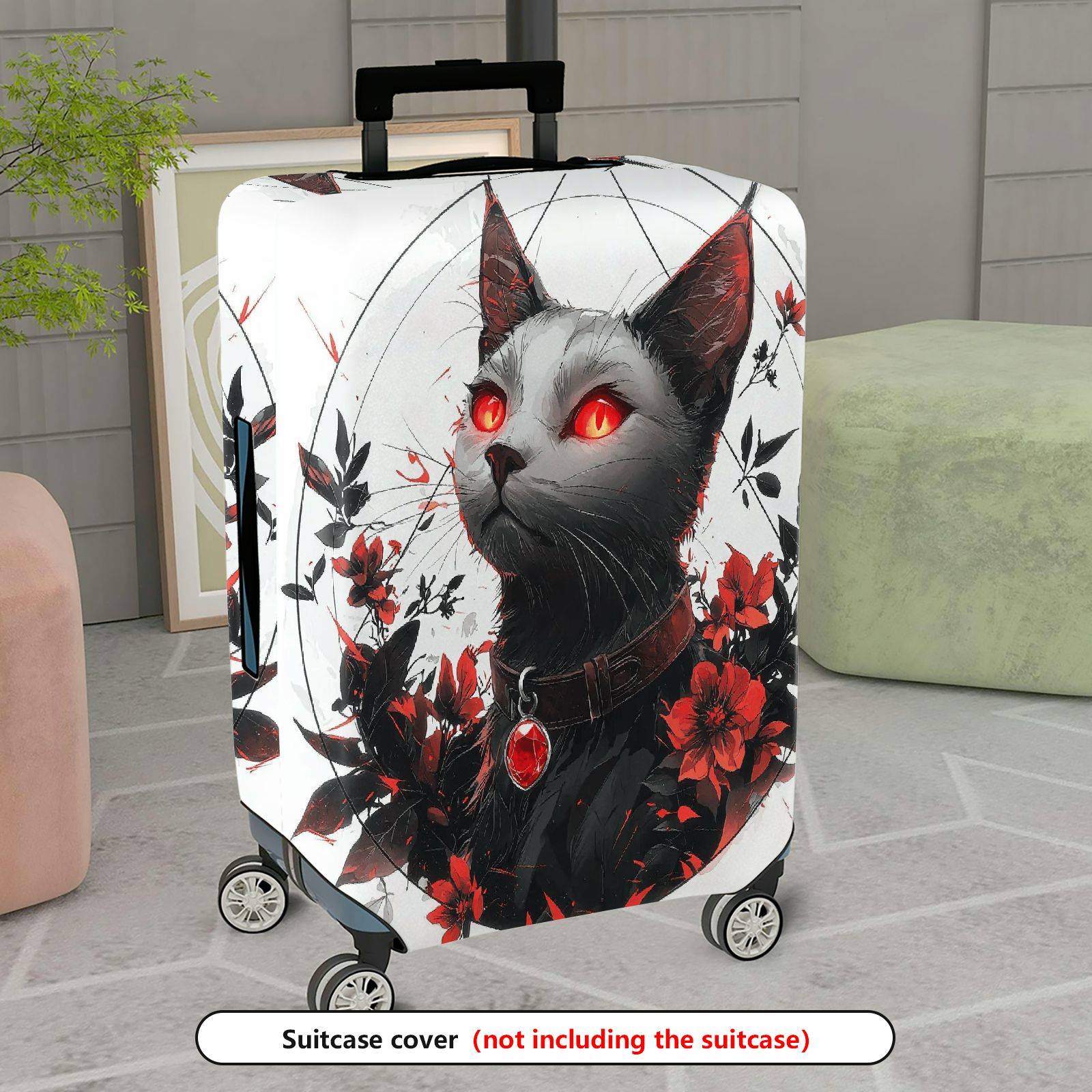 1-Piece Black Cat Red Eyes Floral Gothic Art  Suitcase Luggage Cover, Stretch Protective Sleeve