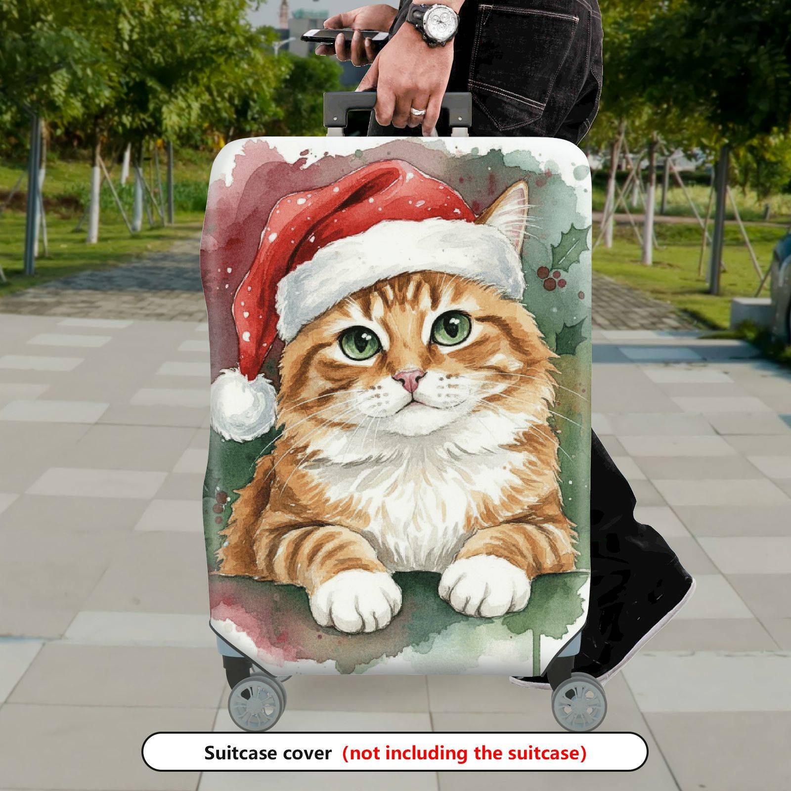1-Piece Christmas Cat Santa Hat Watercolor Holiday  Suitcase Luggage Cover, Stretch Protective Sleeve