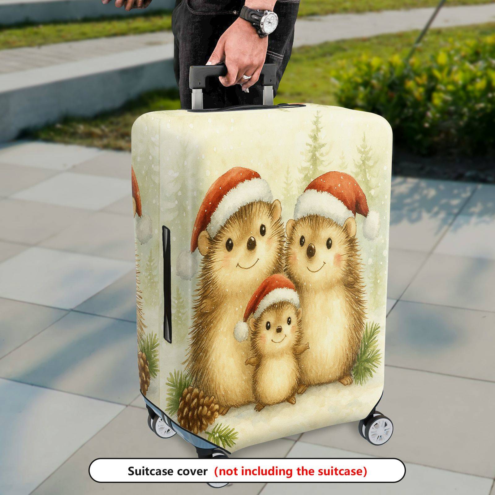 1-Piece Hedgehog Christmas Holiday Cute Family Santa  Suitcase Luggage Cover, Stretch Protective Sleeve