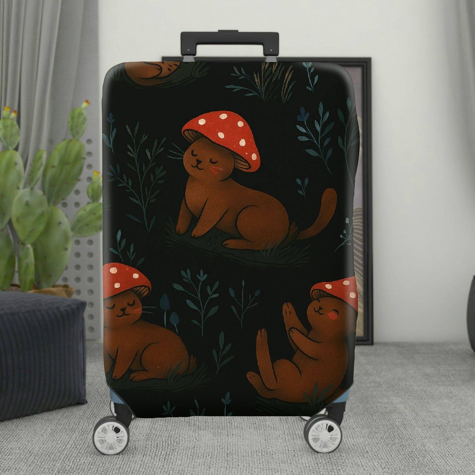 1-Piece Adorable Forest Mushroom Rabbit Woodland Black  Suitcase Luggage Cover, Stretch Protective Sleeve