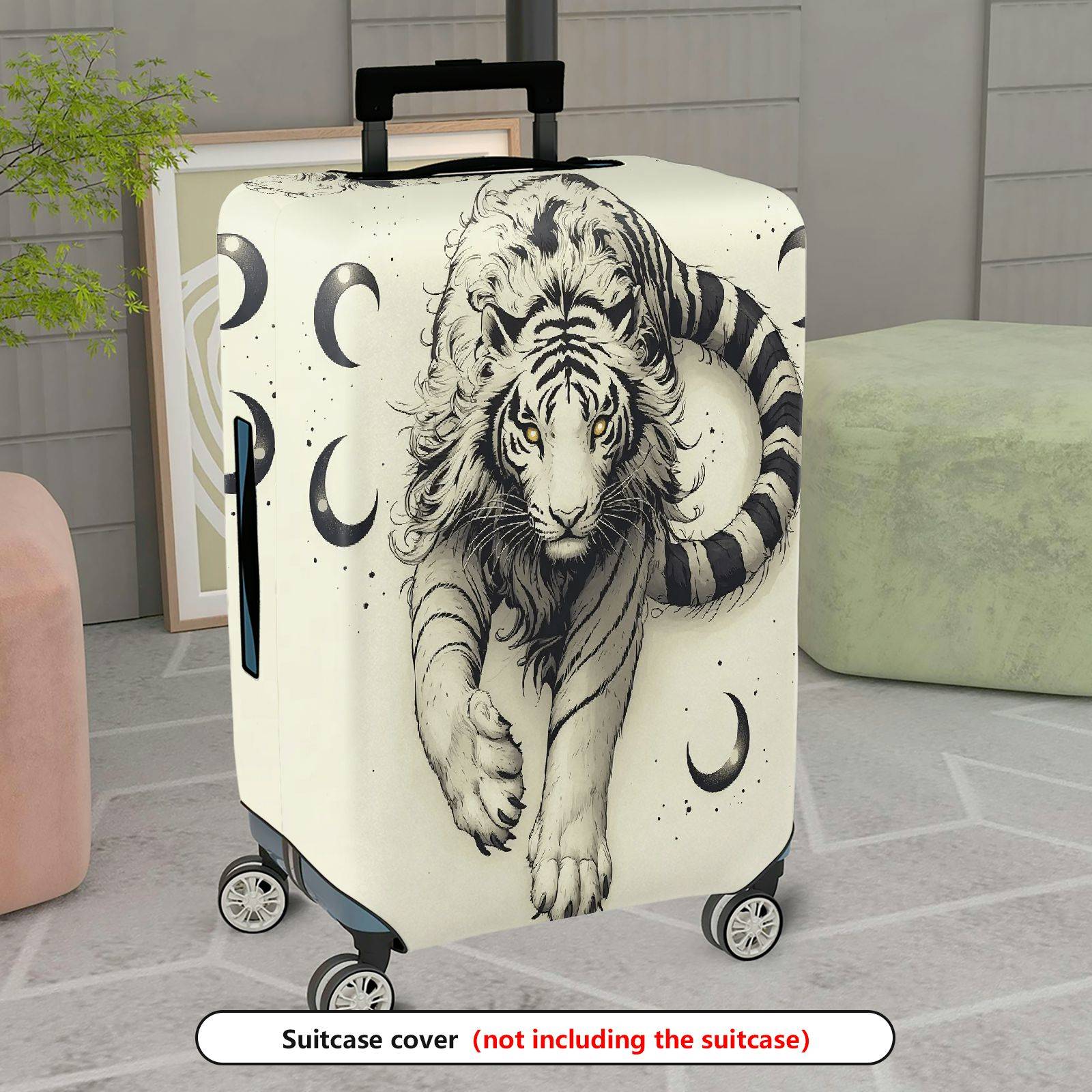1-Piece Black White Tiger Moon Artistic Style  Suitcase Luggage Cover, Stretch Protective Sleeve