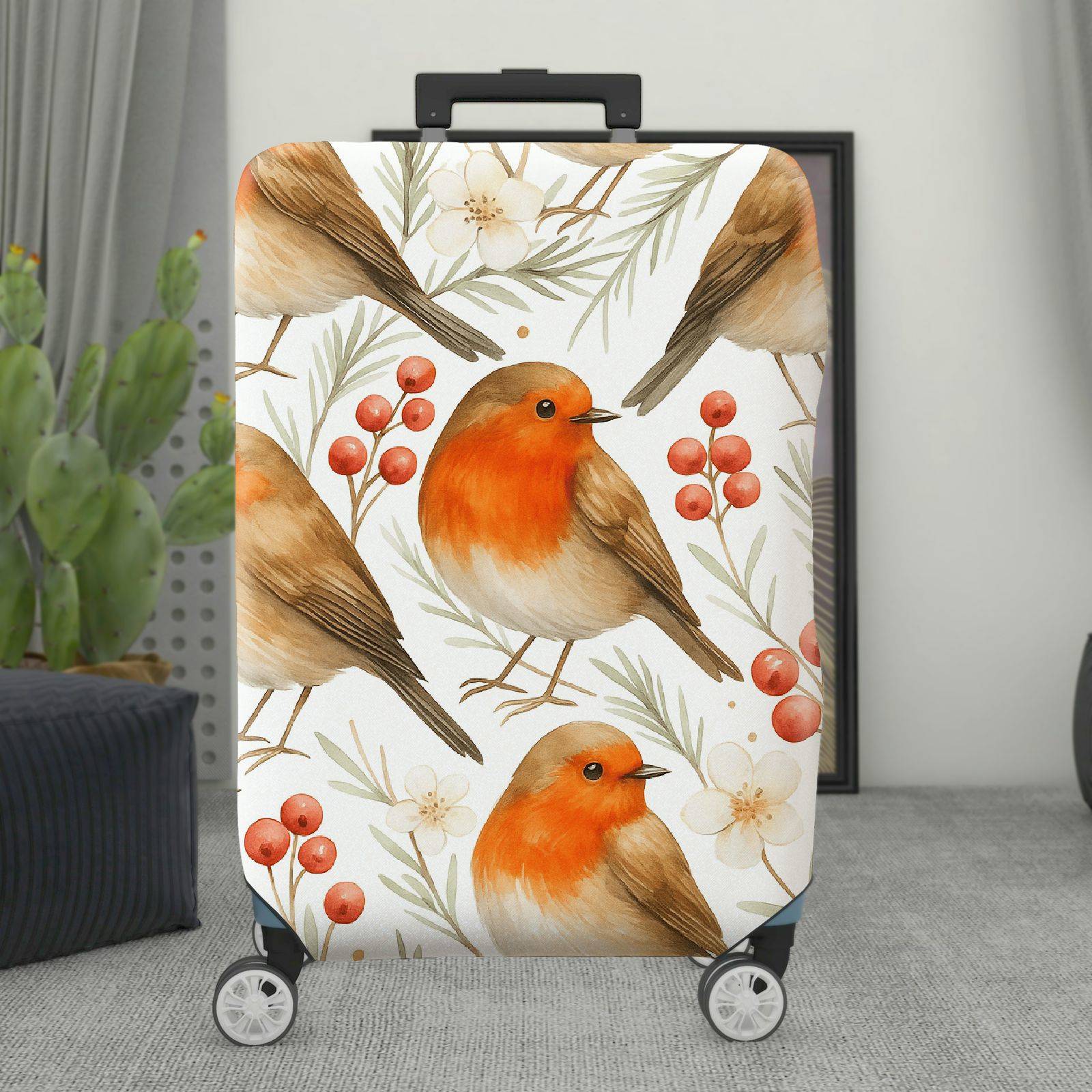 1-Piece Robin Bird Floral Berry Nature Christmas  Suitcase Luggage Cover, Stretch Protective Sleeve