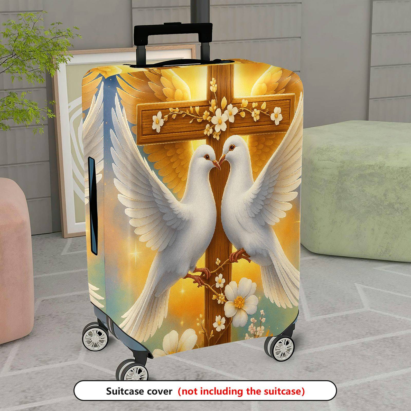 1-Piece Dove Cross Floral Religious Spiritual Peace  Suitcase Luggage Cover, Stretch Protective Sleeve