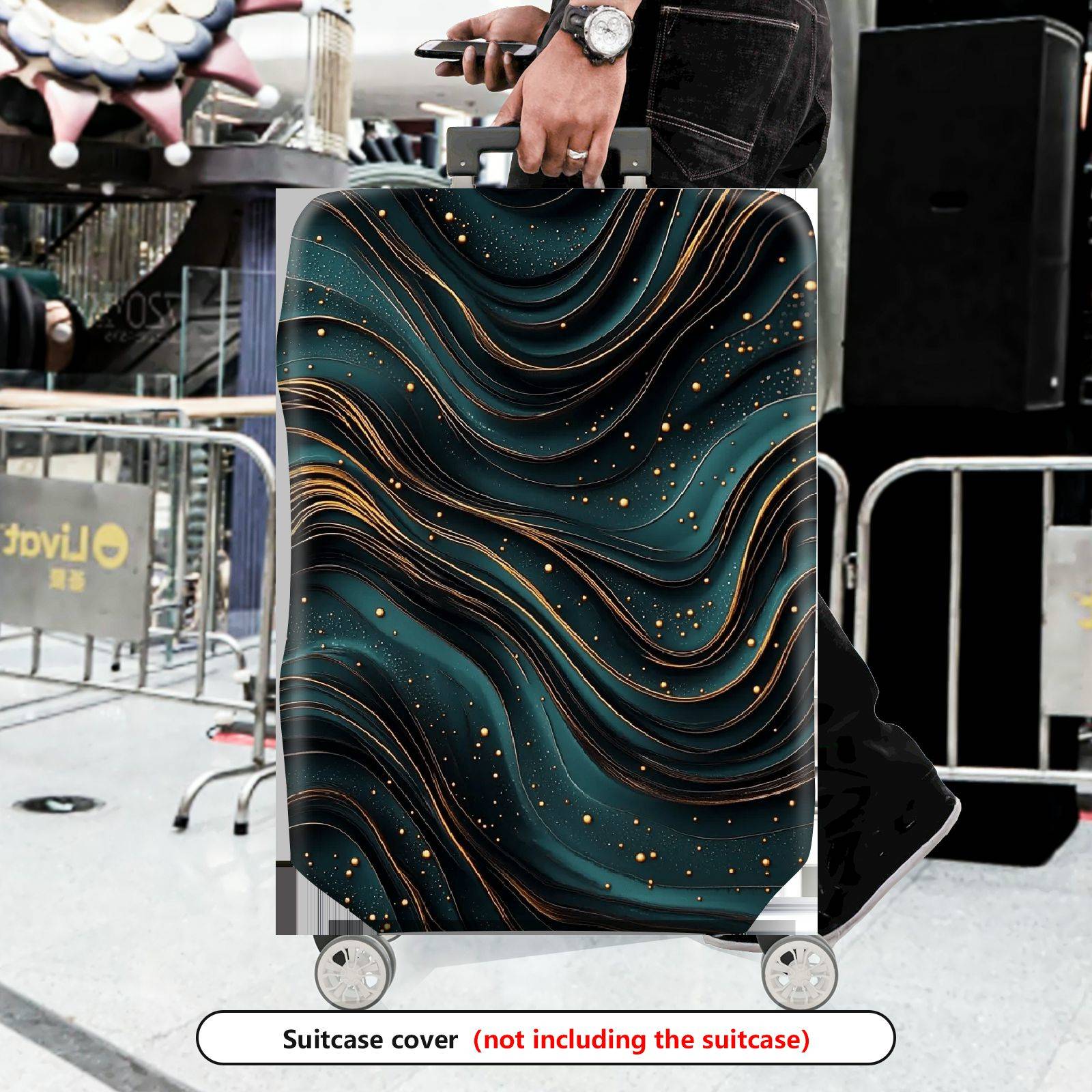1-Piece Abstract Waves Pattern Teal Gold Artistic Modern  Suitcase Luggage Cover, Stretch Protective Sleeve