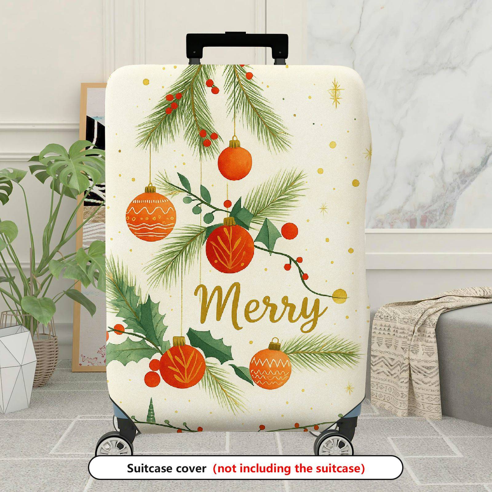 1-Piece Christmas Holiday Pine Ornament Merry  Suitcase Luggage Cover, Stretch Protective Sleeve