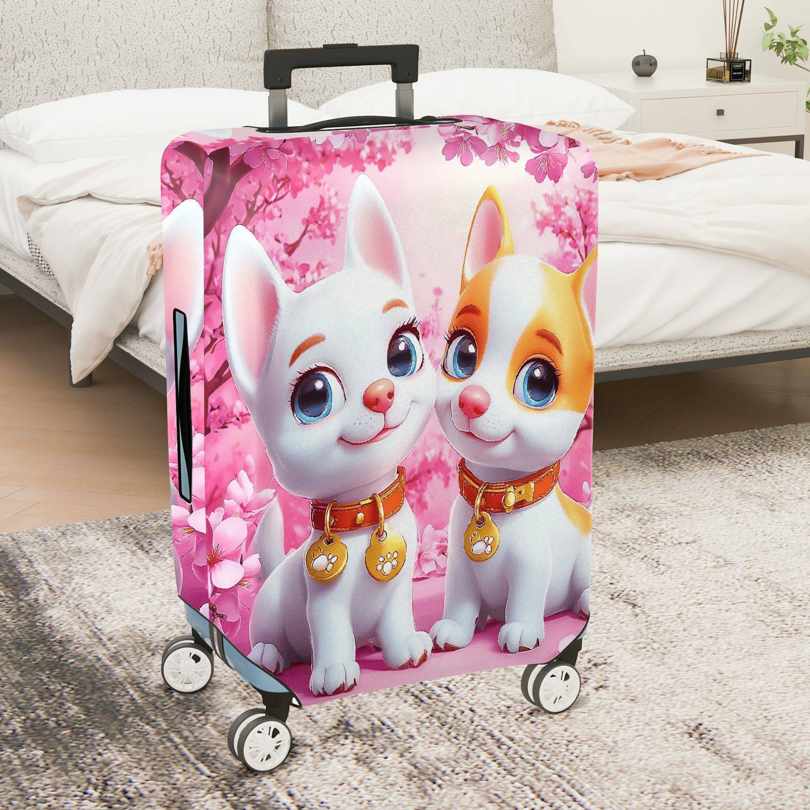 1-Piece Cute Dog Floral Pink  Suitcase Luggage Cover, Stretch Protective Sleeve